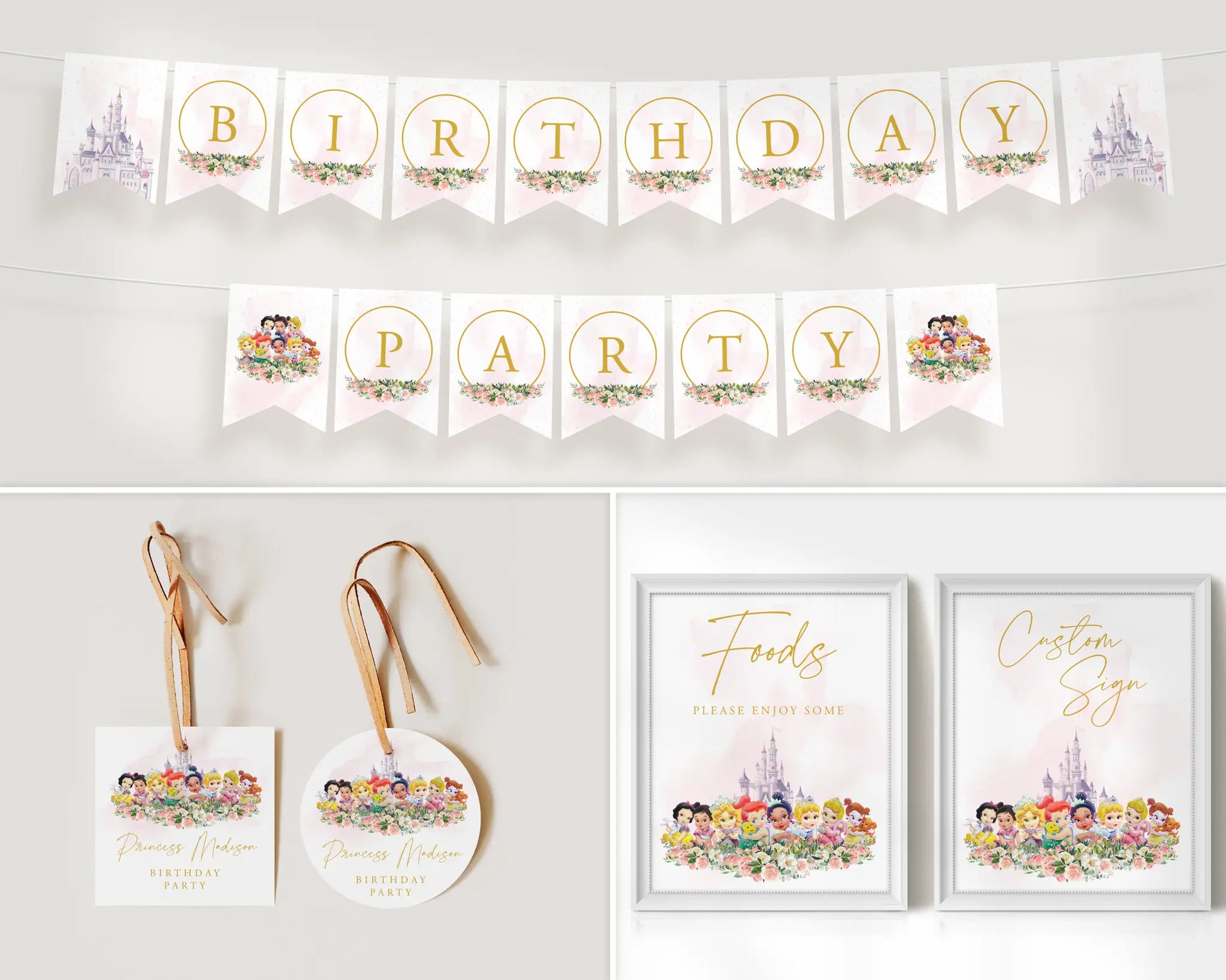 Disney Princess invitation suite for print and phone with baby Ariel, Belle, Rapunzel and Jasmine — editable digital birthday template.