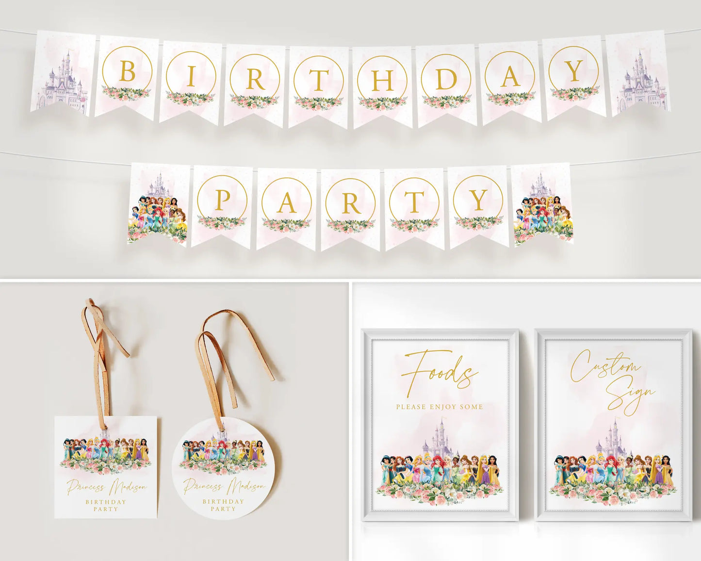 Disney Princess birthday invitation set for print and mobile — editable digital party template.