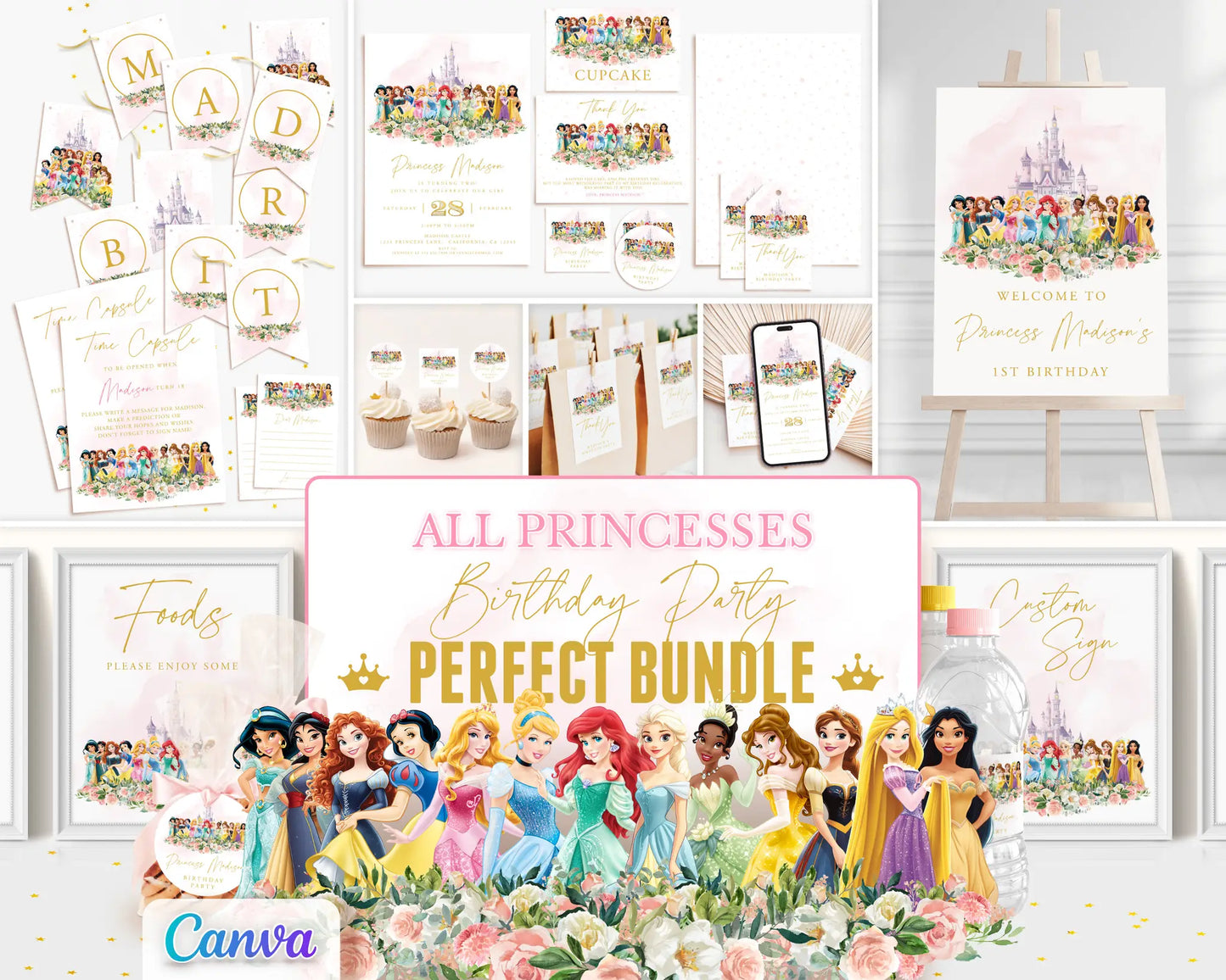 Disney Princess birthday party printable bundle featuring Ariel, Belle, Rapunzel, Jasmine, Snow White, Cinderella, Aurora and Tiana — editable Canva templates.