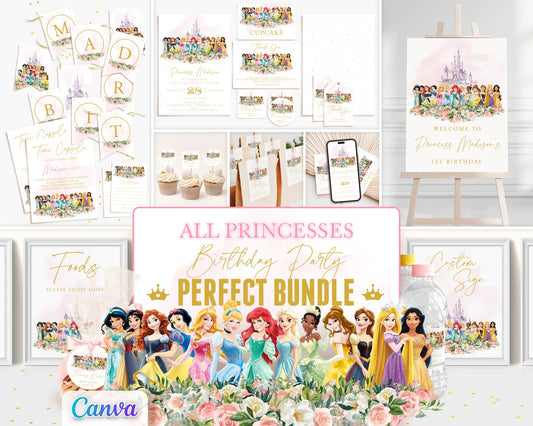 Disney Princess birthday party printable bundle featuring Ariel, Belle, Rapunzel, Jasmine, Snow White, Cinderella, Aurora and Tiana — editable Canva templates.