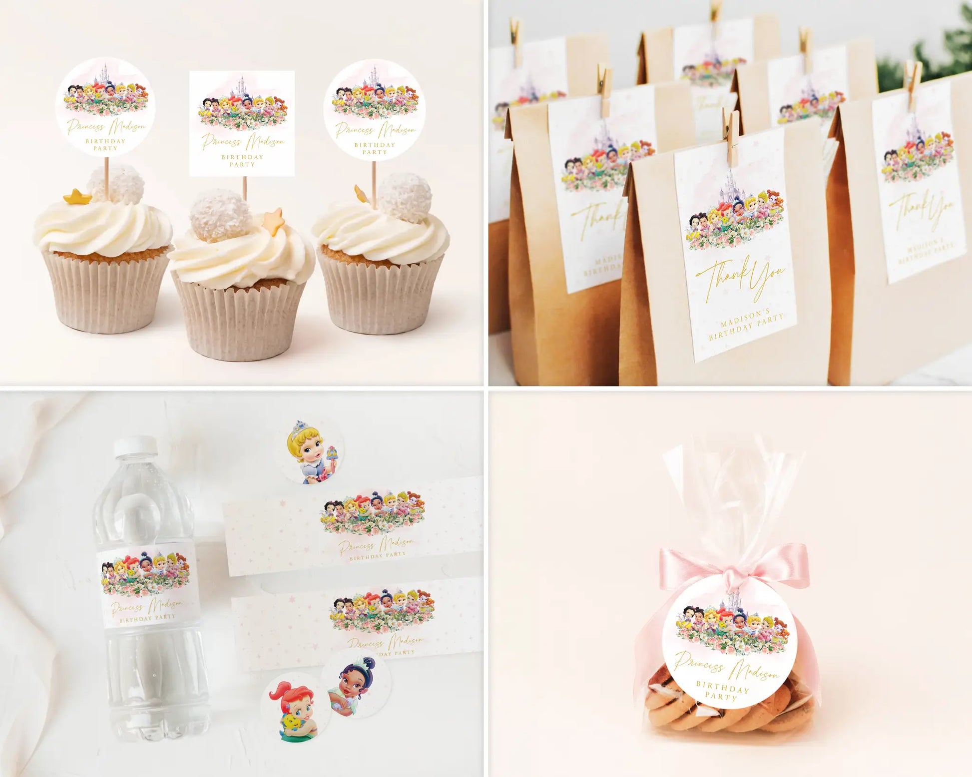 Editable Disney Princess party decorations including banners, favor tags, cupcake toppers and floral princess designs.