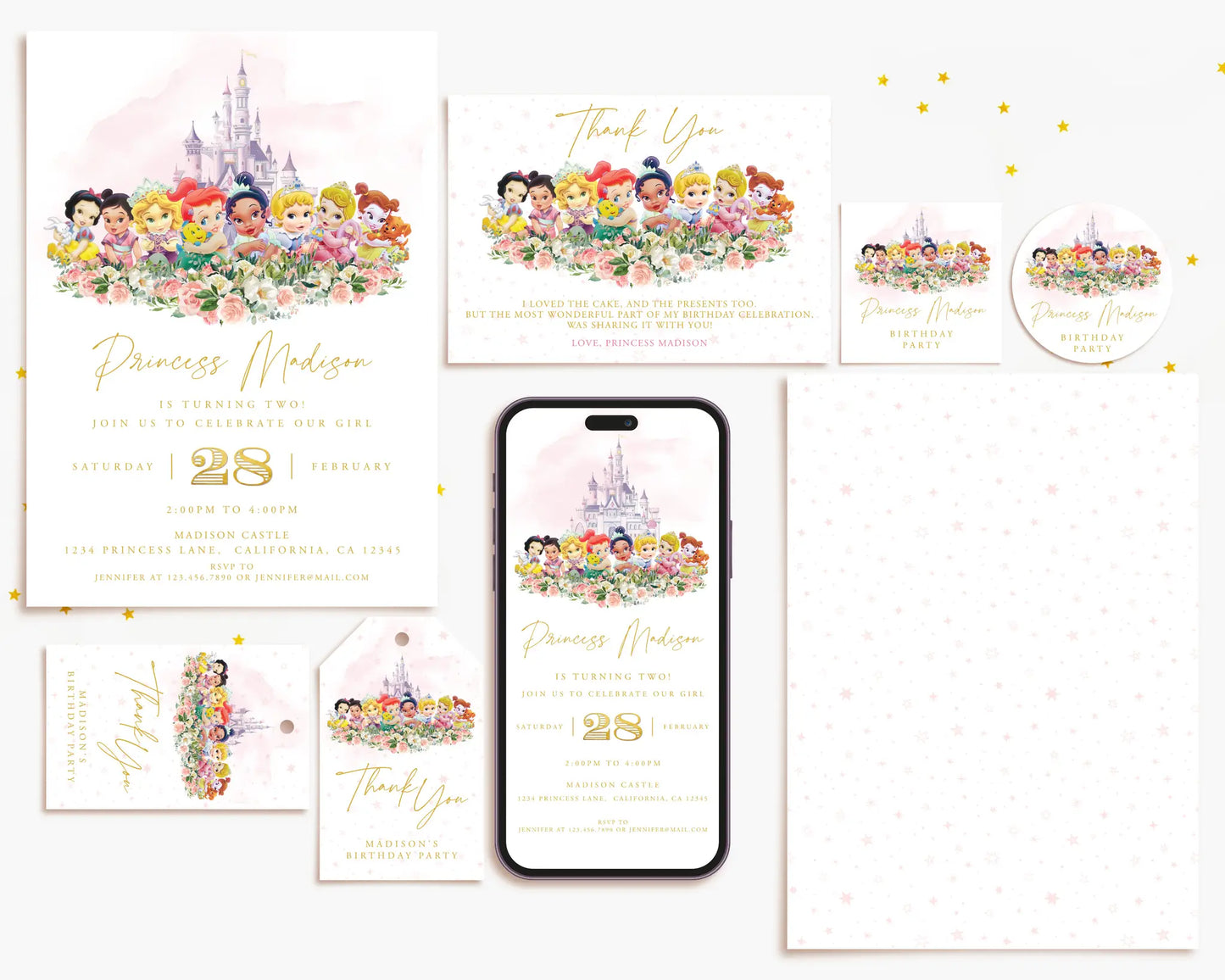 Full list of Disney Princess party printables including invitations, welcome sign, favor tags, banners, food labels and cupcake toppers.