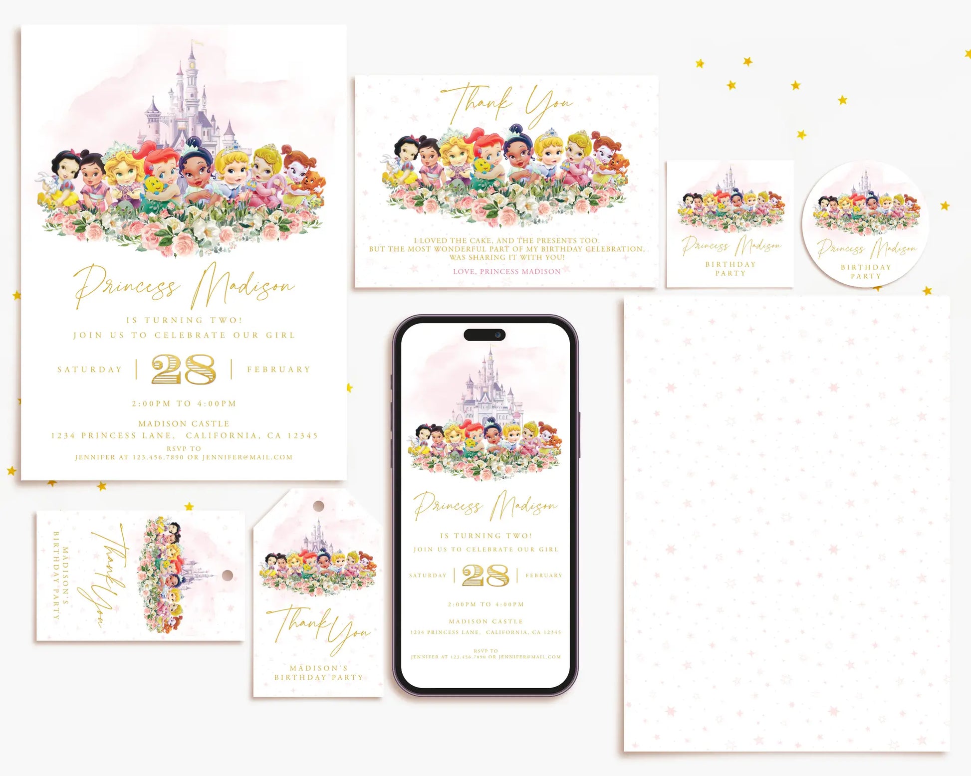 Full list of Disney Princess party printables including invitations, welcome sign, favor tags, banners, food labels and cupcake toppers.