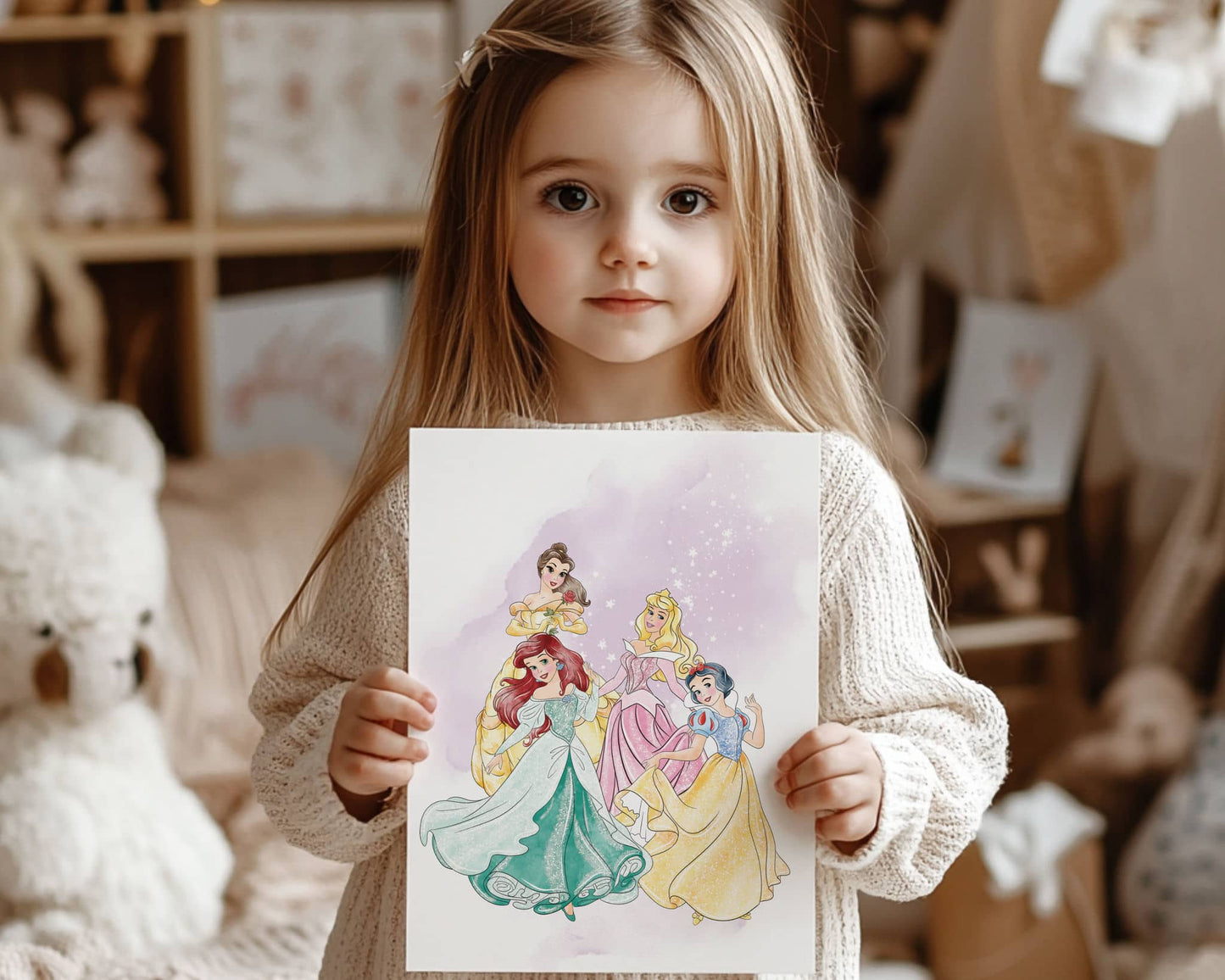 Little girl holding Disney princess watercolor poster featuring Ariel, Belle, Aurora and Snow White, personalized nursery wall art print for girls room decor.