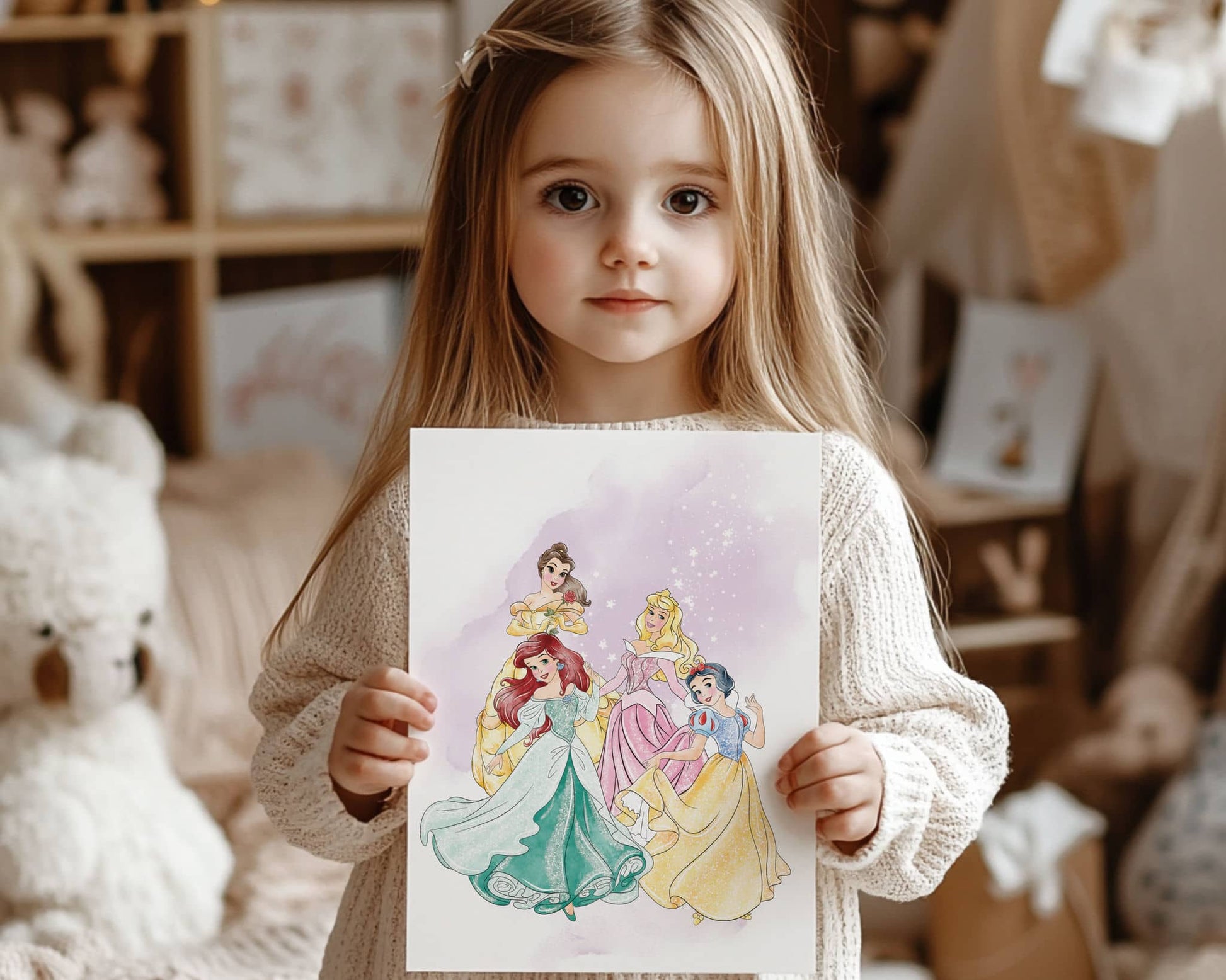 Little girl holding Disney princess watercolor poster featuring Ariel, Belle, Aurora and Snow White, personalized nursery wall art print for girls room decor.