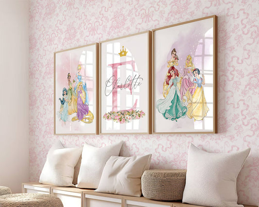 Disney princess poster set featuring Ariel, Belle, Aurora and Snow White, personalized girls bedroom wall art, watercolor nursery prints.