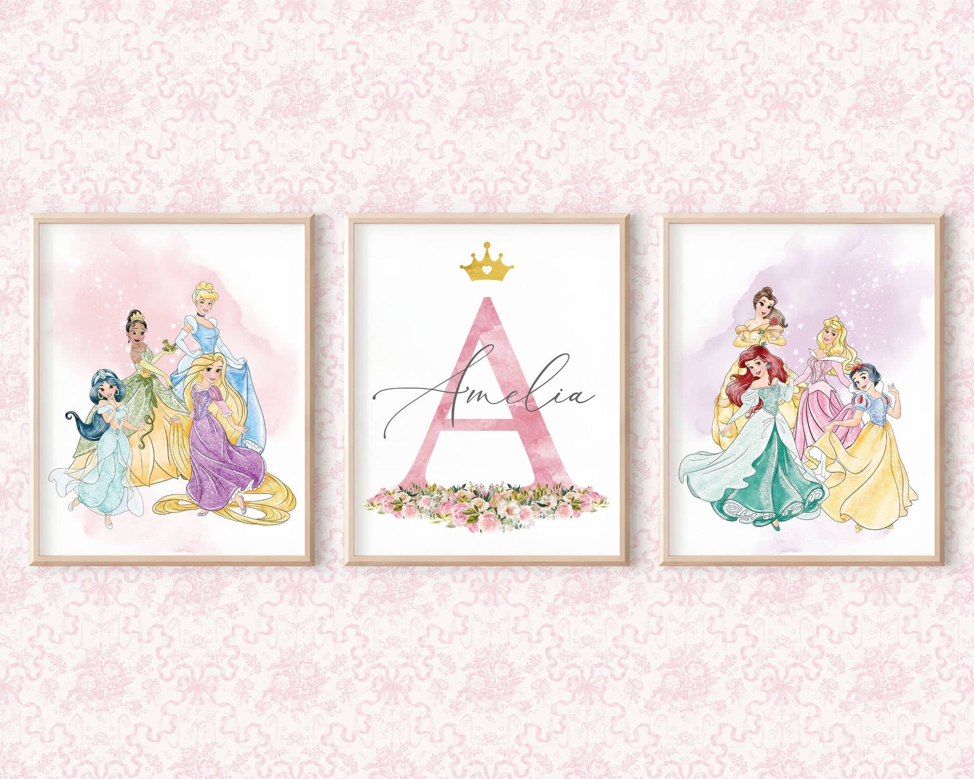 Personalized Disney princess wall art with custom name Amelia, featuring Jasmine, Rapunzel, Cinderella, Tiana, Ariel, Belle, Aurora and Snow White, watercolor nursery decor.