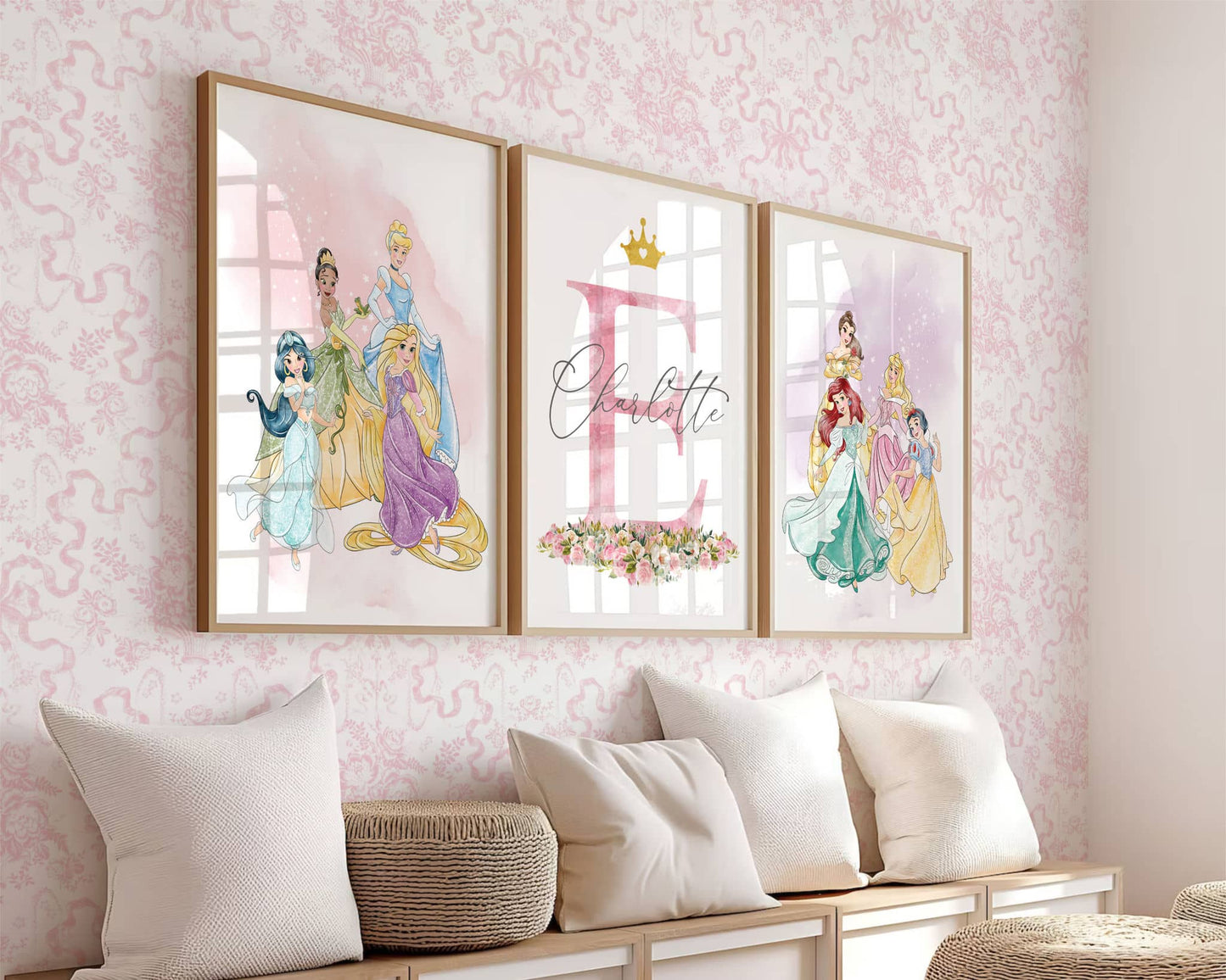 Personalized Disney princess wall art with Jasmine, Rapunzel, Cinderella and Tiana, custom girls room watercolor print, nursery wall decor.