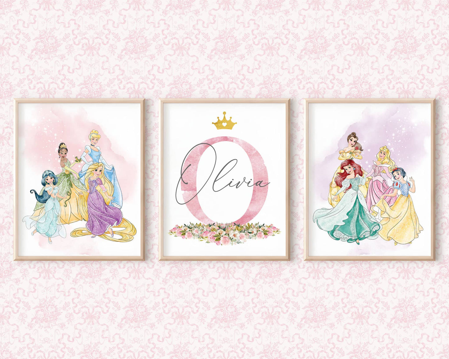 Custom Disney princess wall art with name, watercolor prints of Jasmine, Rapunzel, Cinderella, Tiana, Ariel, Belle, Aurora and Snow White, girls room decoration.