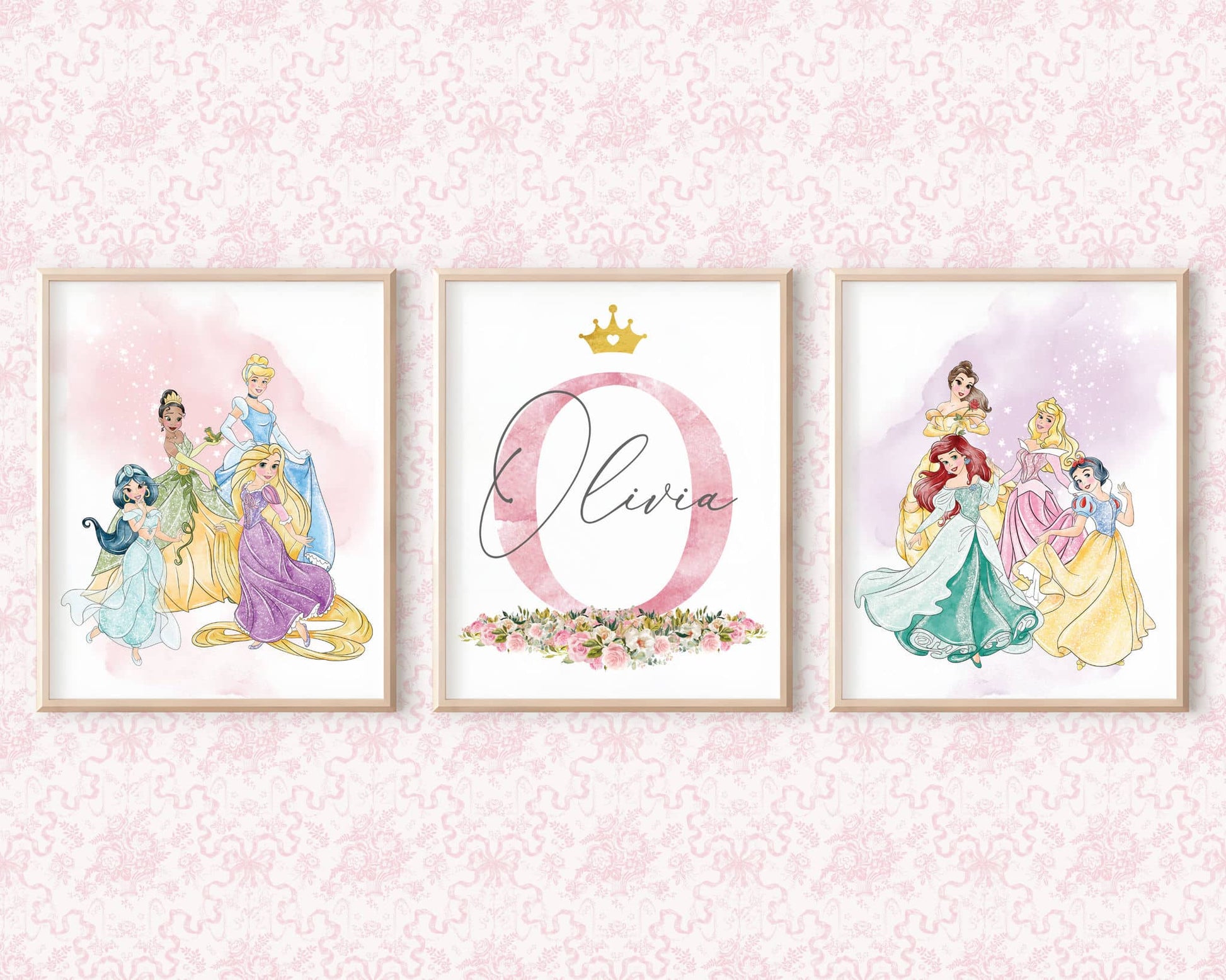 Custom Disney princess wall art with name, watercolor prints of Jasmine, Rapunzel, Cinderella, Tiana, Ariel, Belle, Aurora and Snow White, girls room decoration.