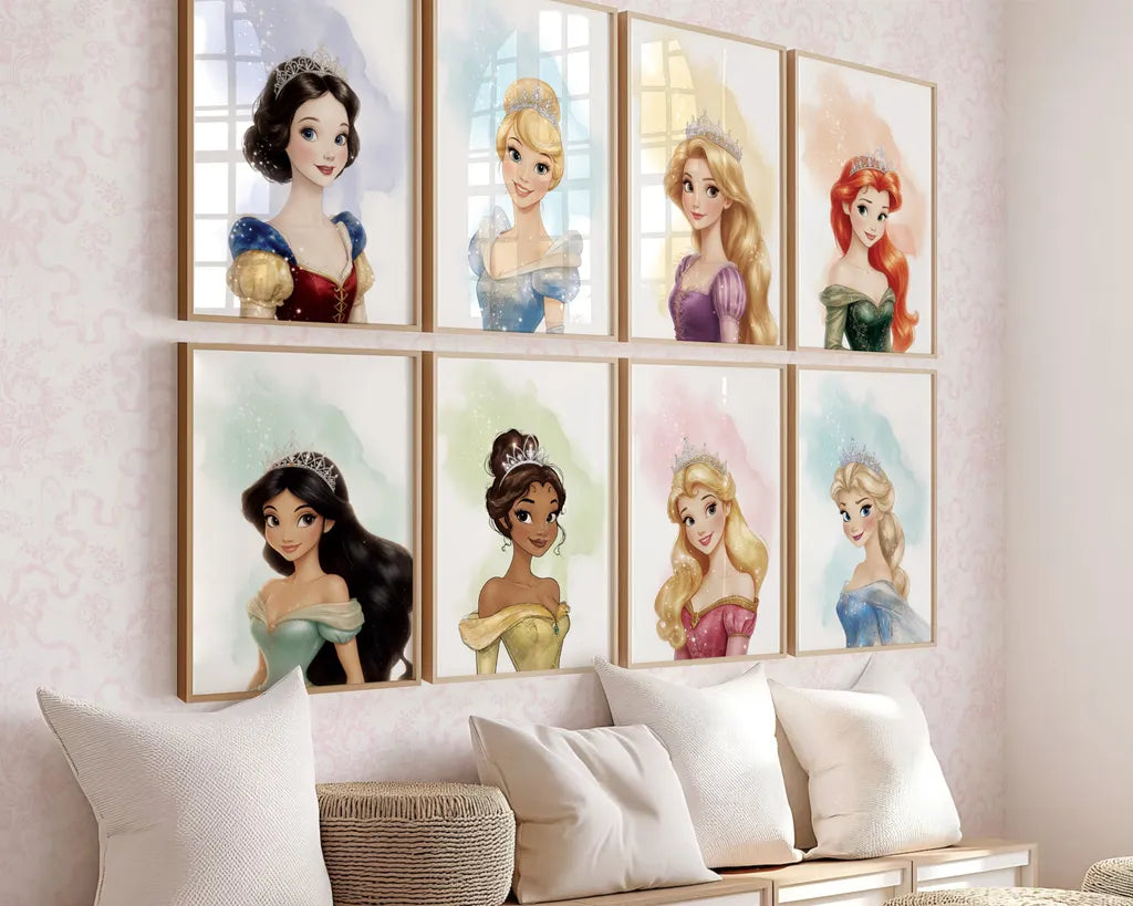Alternative side view mockup of a Disney princess gallery wall set framed in wooden frames