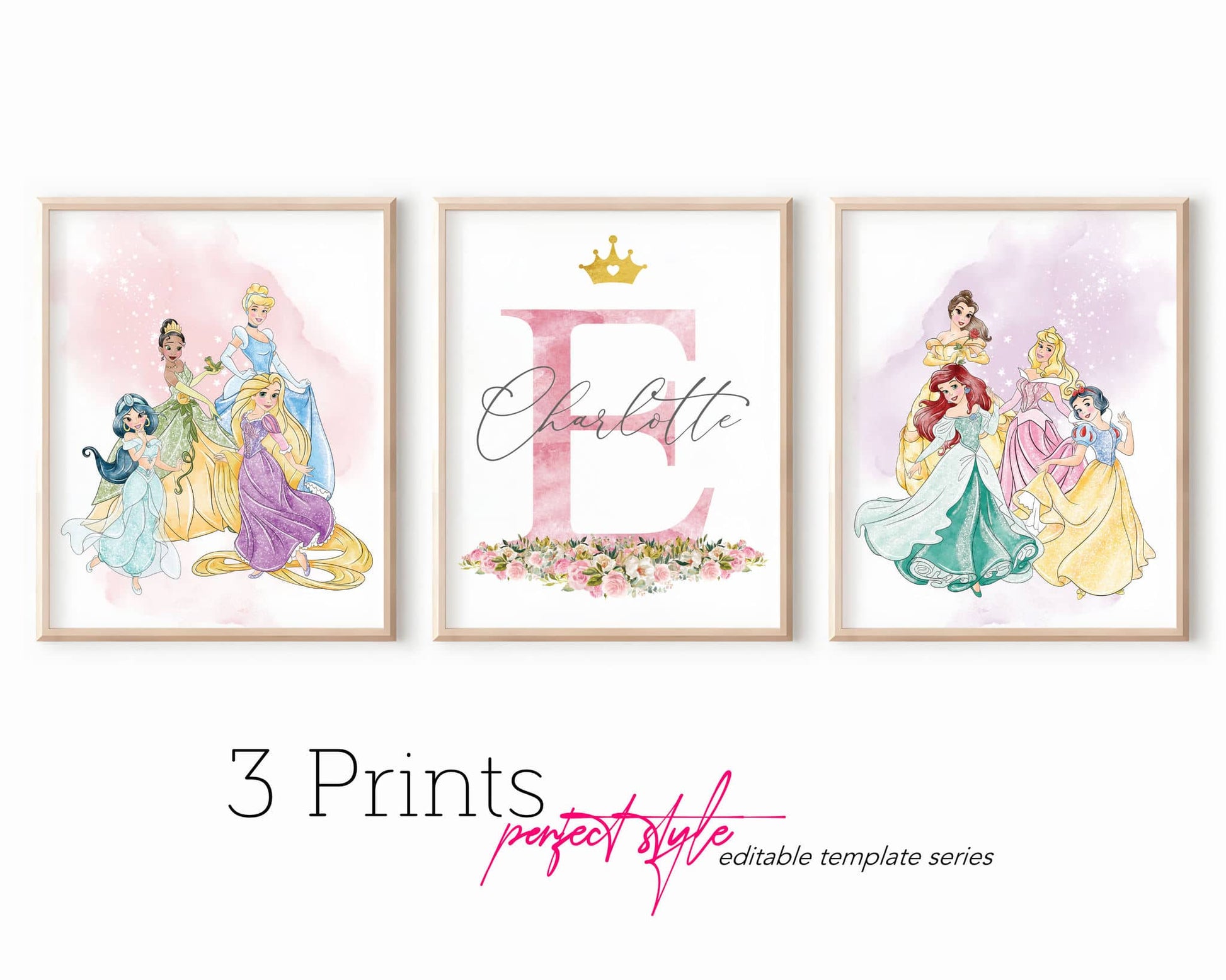 Set of 3 Disney princess watercolor wall art prints with Jasmine, Rapunzel, Cinderella, Tiana, Ariel, Belle, Aurora and Snow White, personalized girls room decor.
