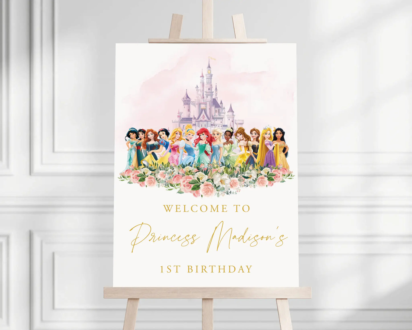 Disney Princess birthday party welcome sign with castle and princess characters — editable Canva template.