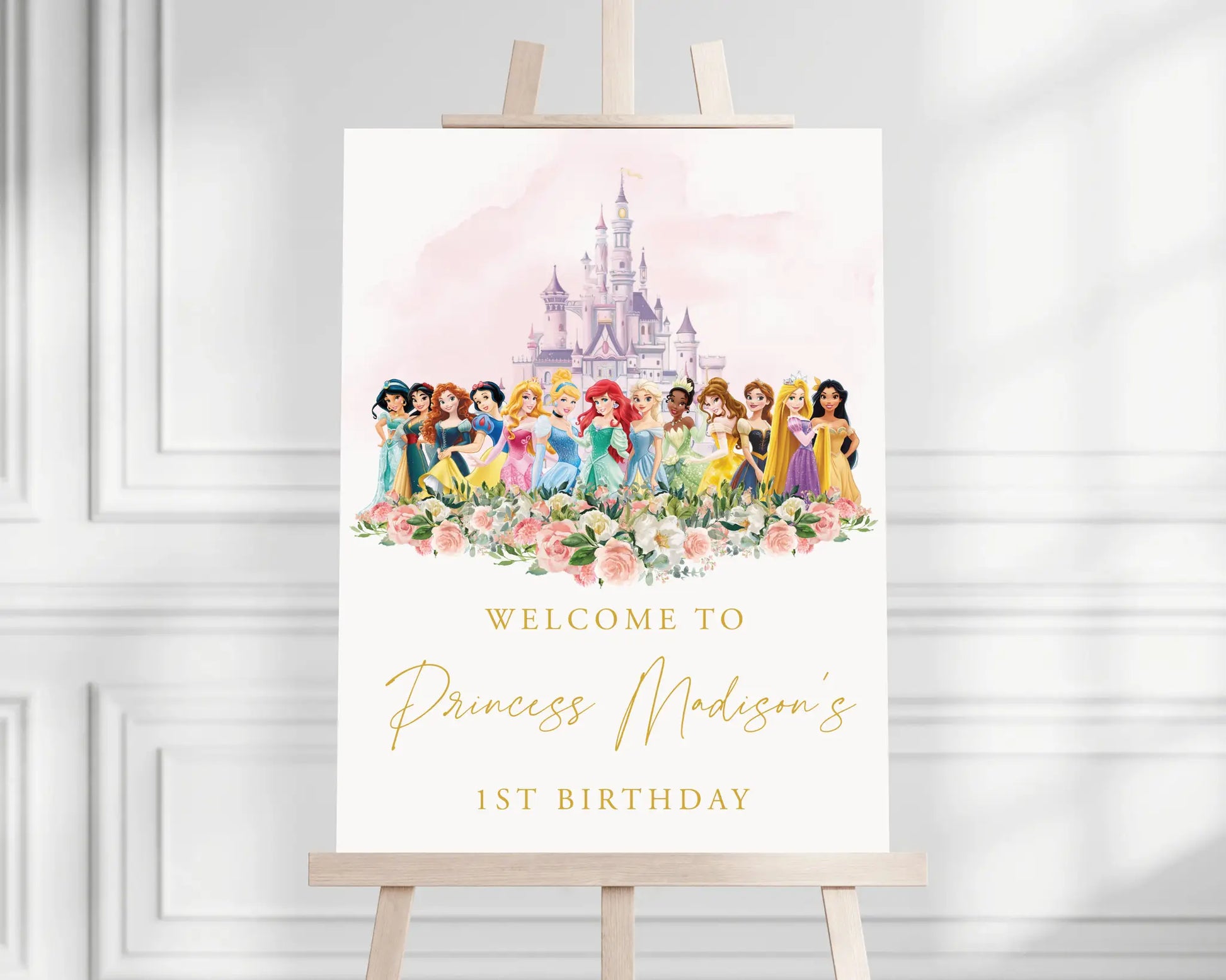 Disney Princess birthday party welcome sign with castle and princess characters — editable Canva template.