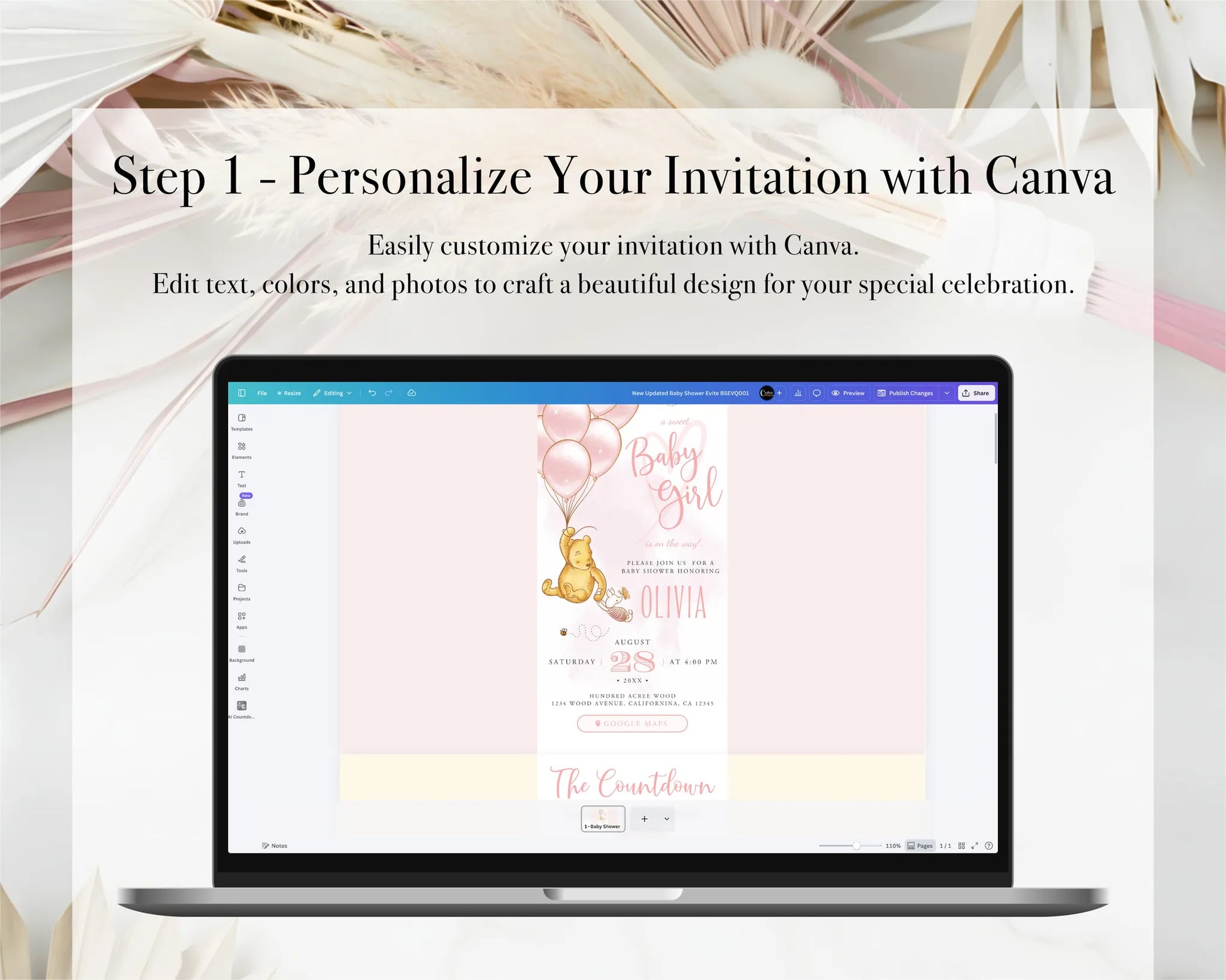Step 1 tutorial showing how to personalize the Winnie the Pooh baby shower invitation on Canva
