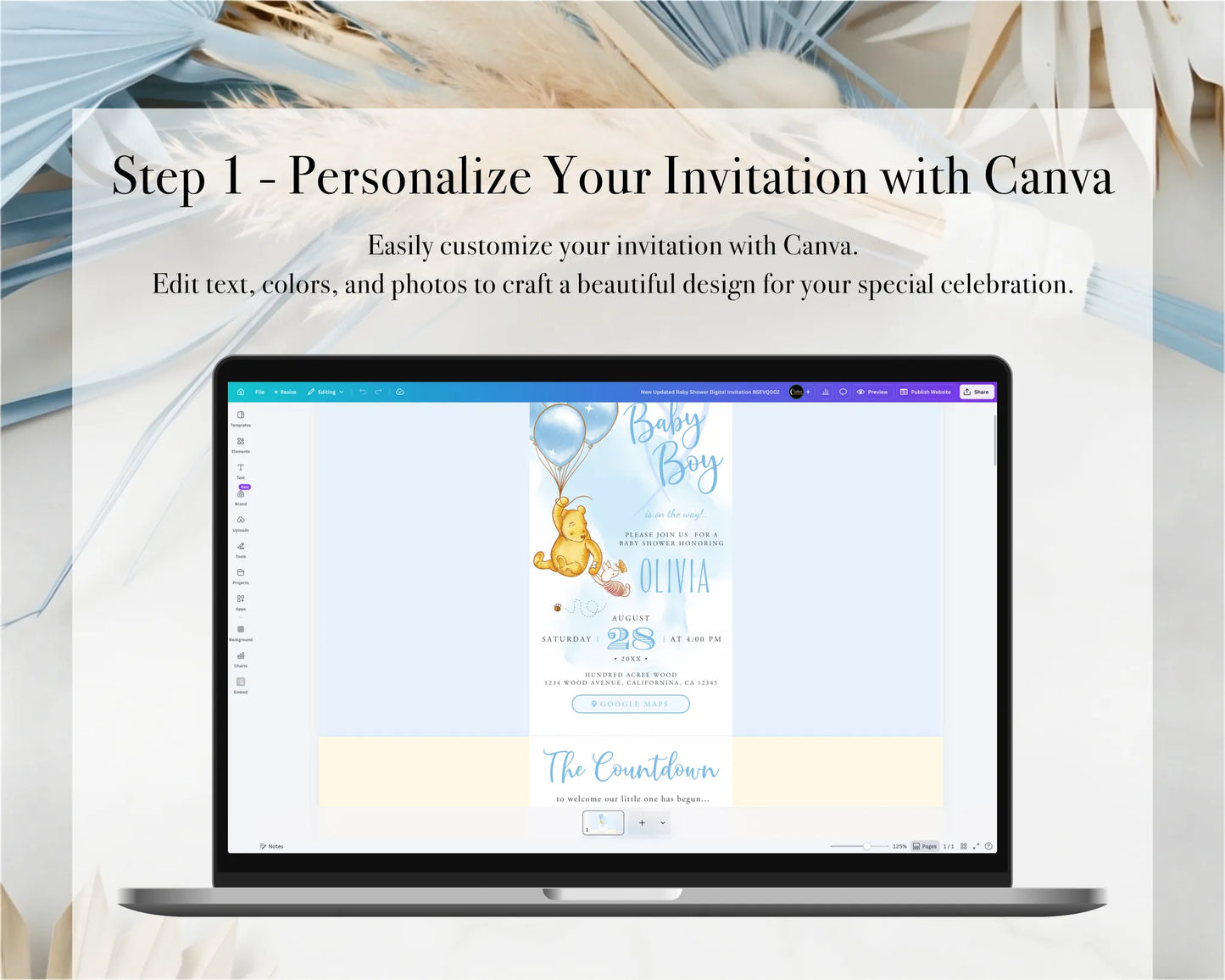 Step 1 tutorial showing how to personalize the Winnie the Pooh boy baby shower invitation on Canva
