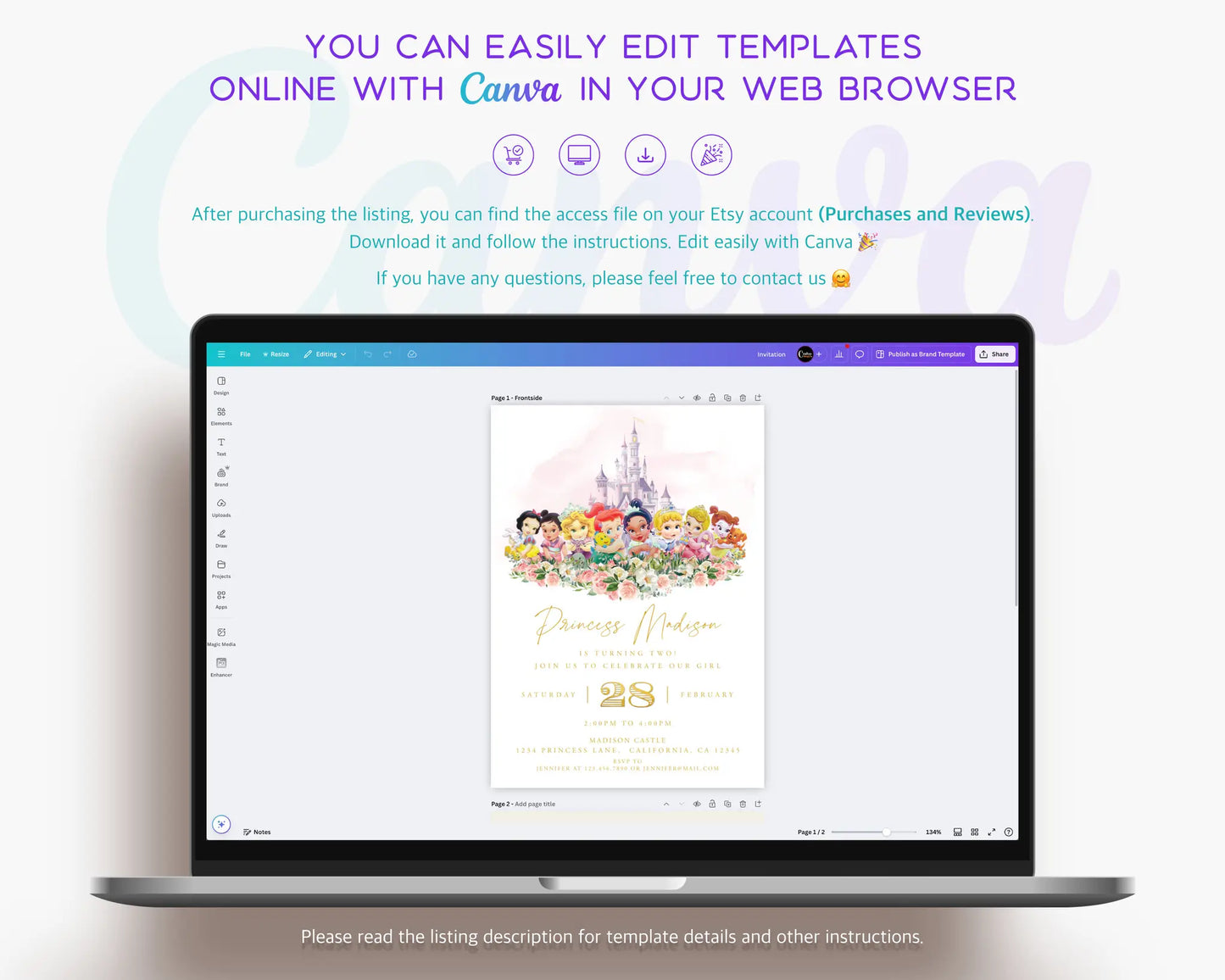 Disney Princess birthday invitation editable in Canva with custom name, age and event details, instant digital download.