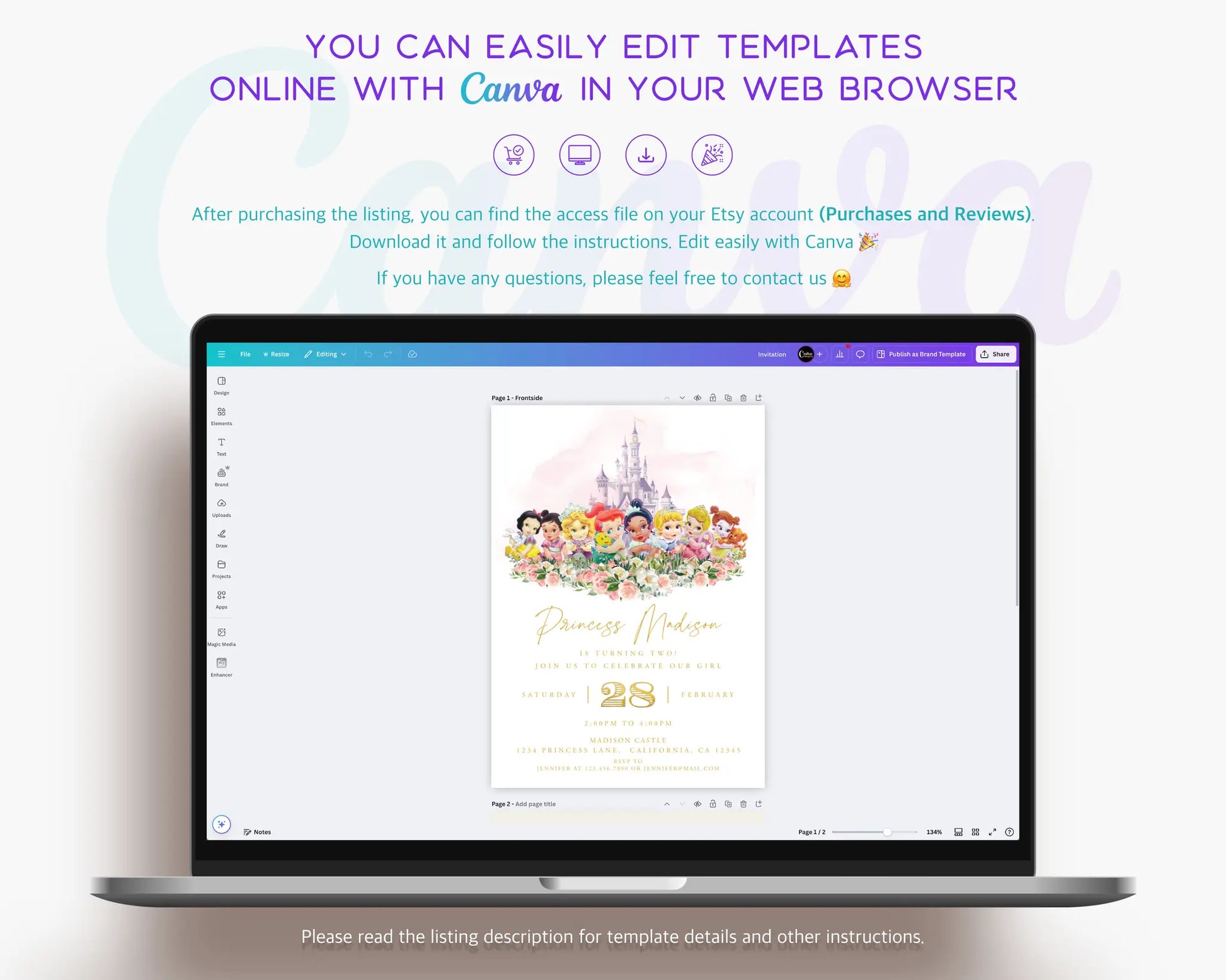 Disney Princess birthday invitation editable in Canva with custom name, age and event details, instant digital download.