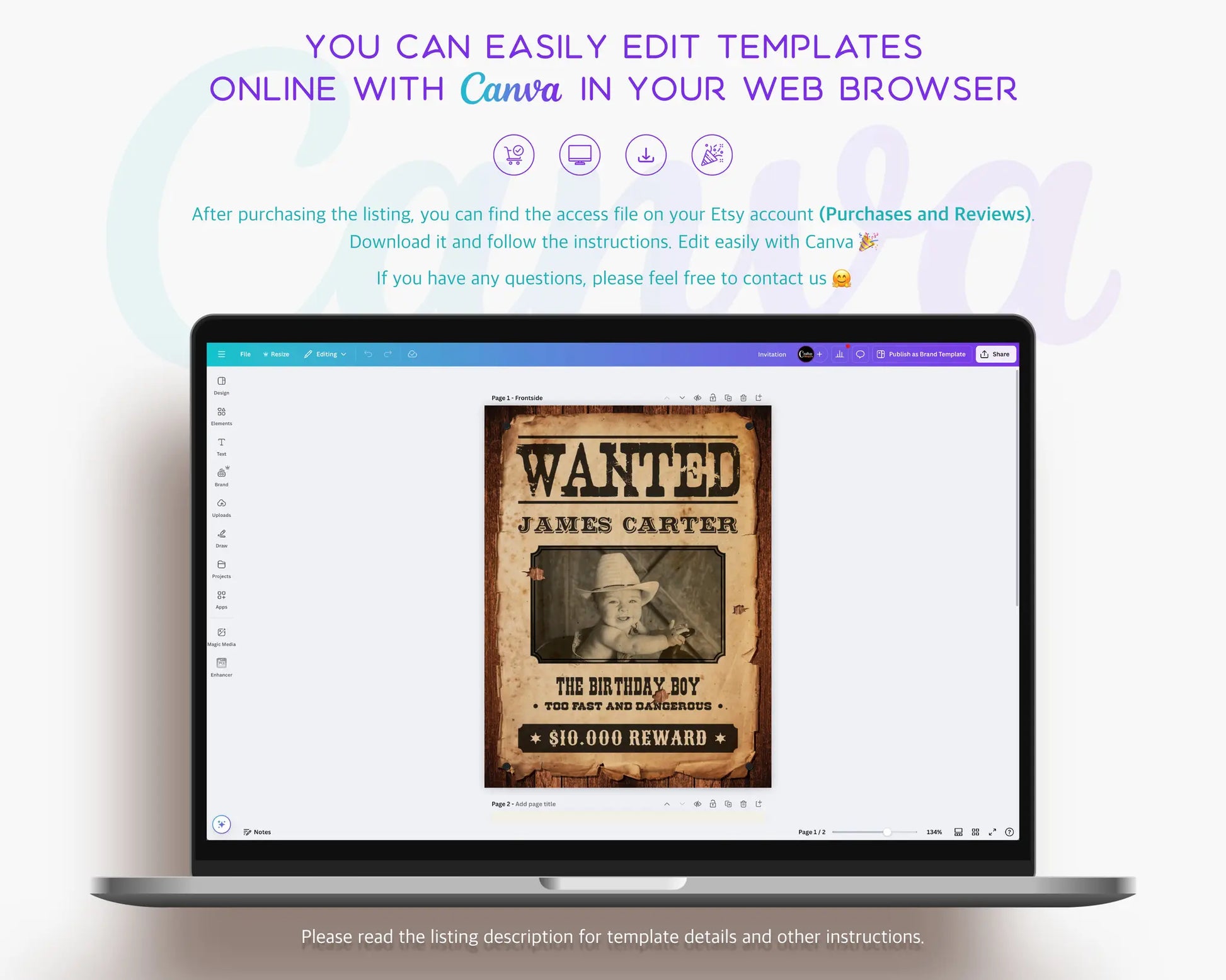Canva preview showing editable Wanted Poster cowboy birthday sign template, easy to personalize online and print for western party decor.