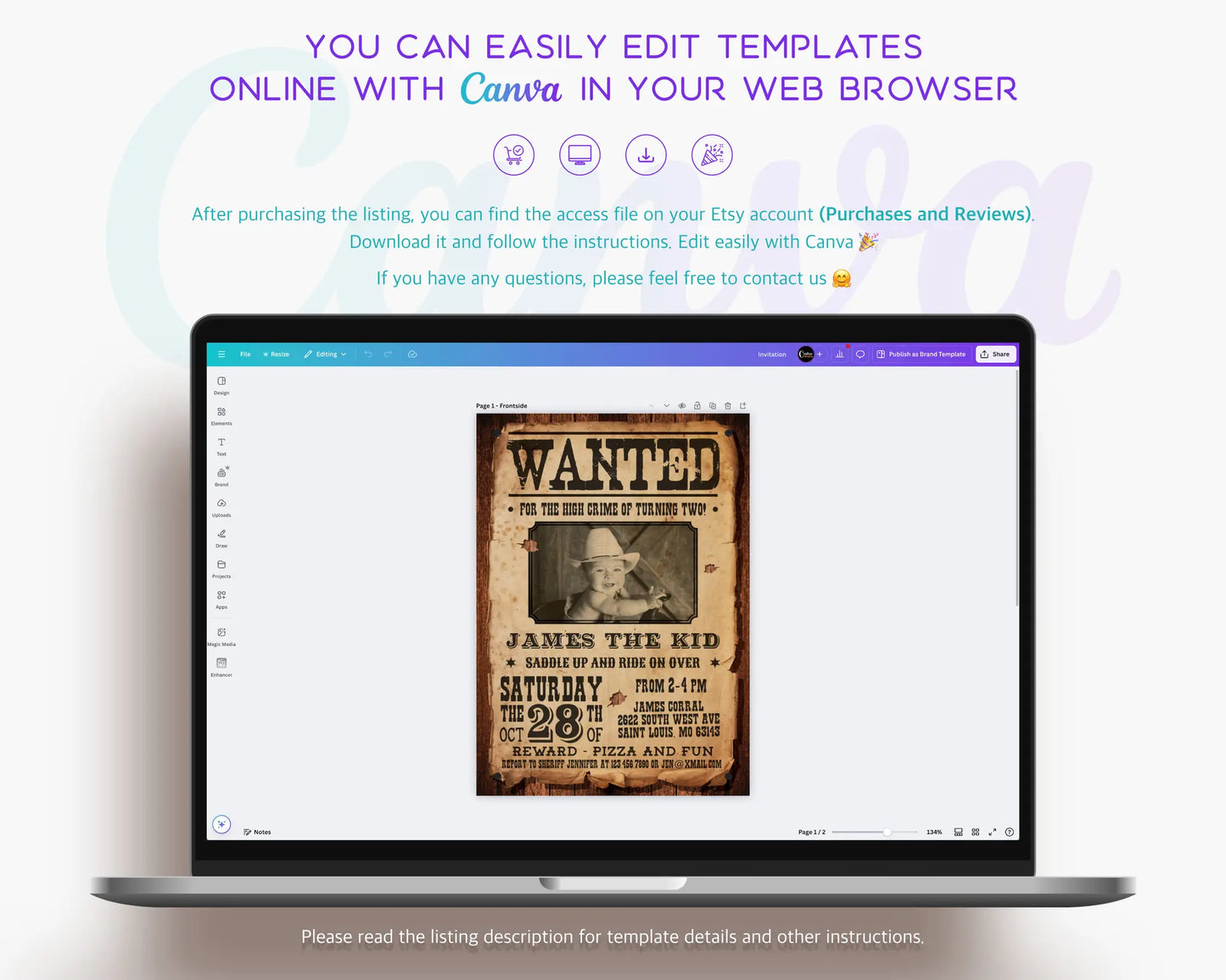 Canva preview of editable Wanted Poster invitation featuring cowboy photo design for a western-themed birthday party invitation.