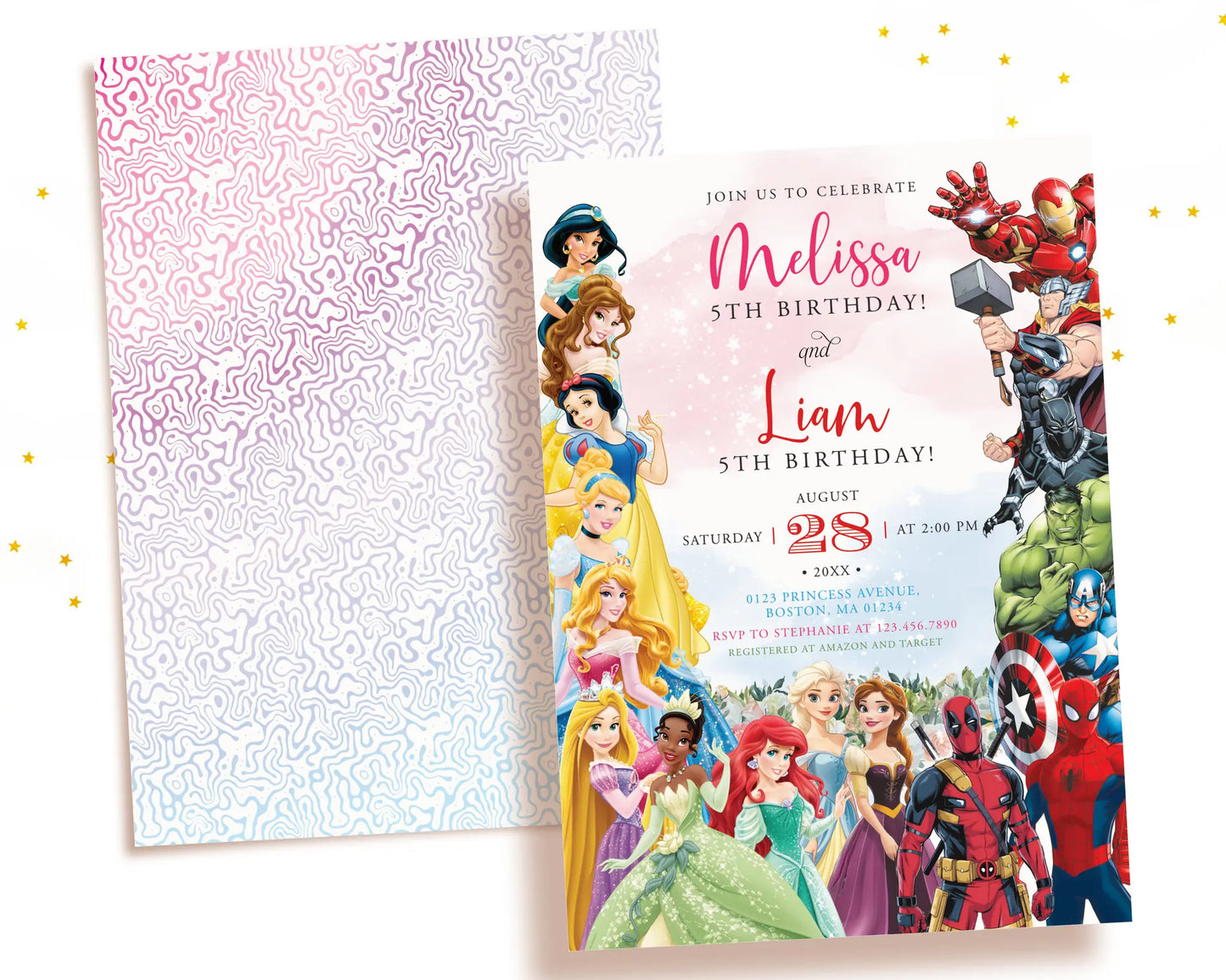 Editable princess and superhero joint birthday invitation template displayed on laptop, easy to customize online with Canva.