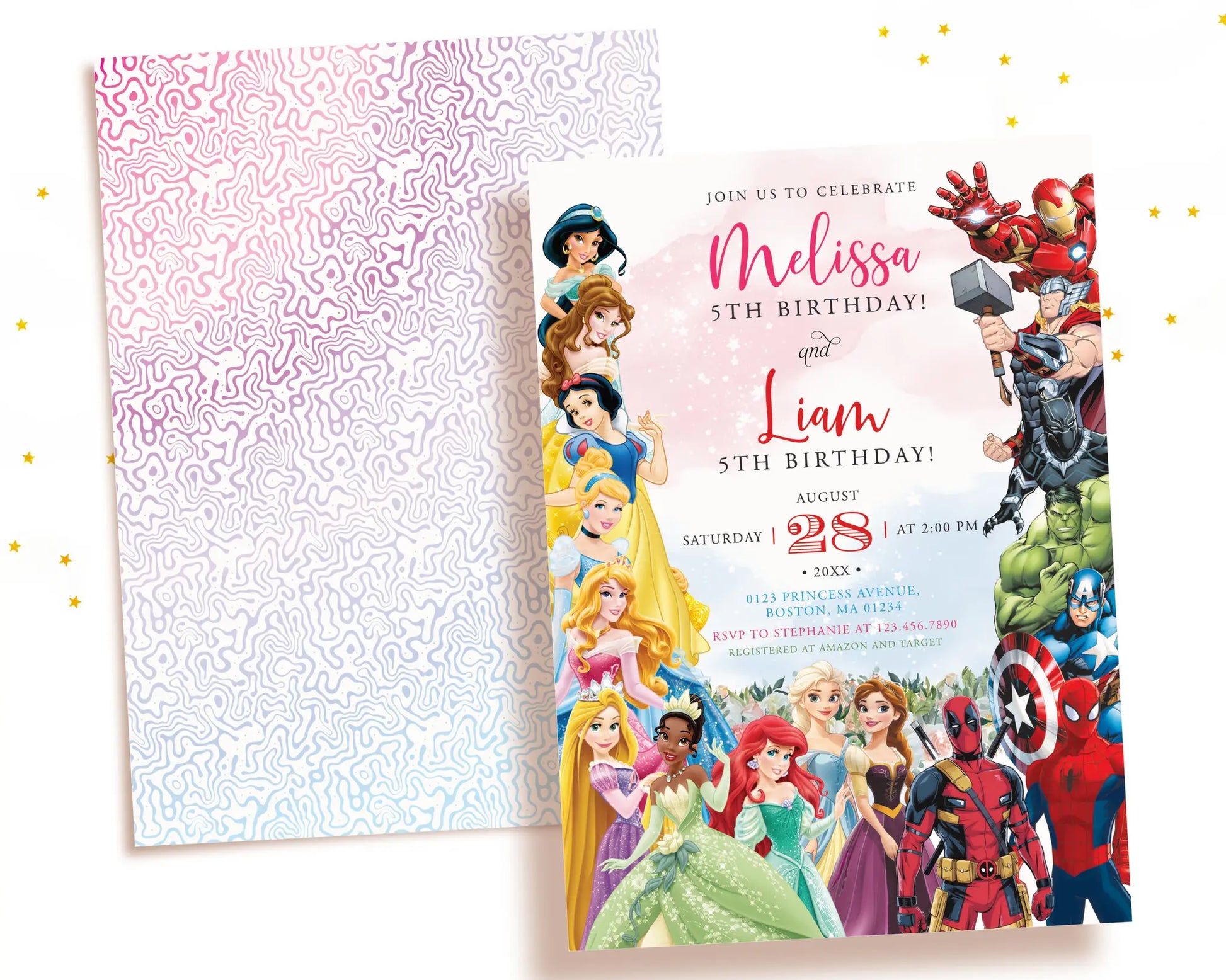 Editable princess and superhero joint birthday invitation template displayed on laptop, easy to customize online with Canva.