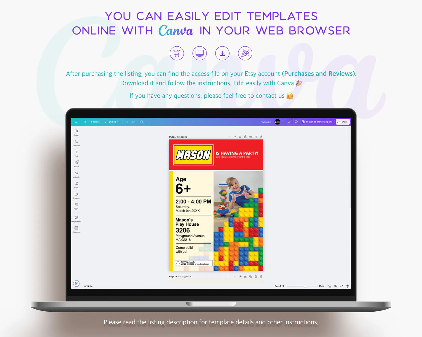 Laptop displaying the Canva editor with a building blocks invitation template for easy online customization.