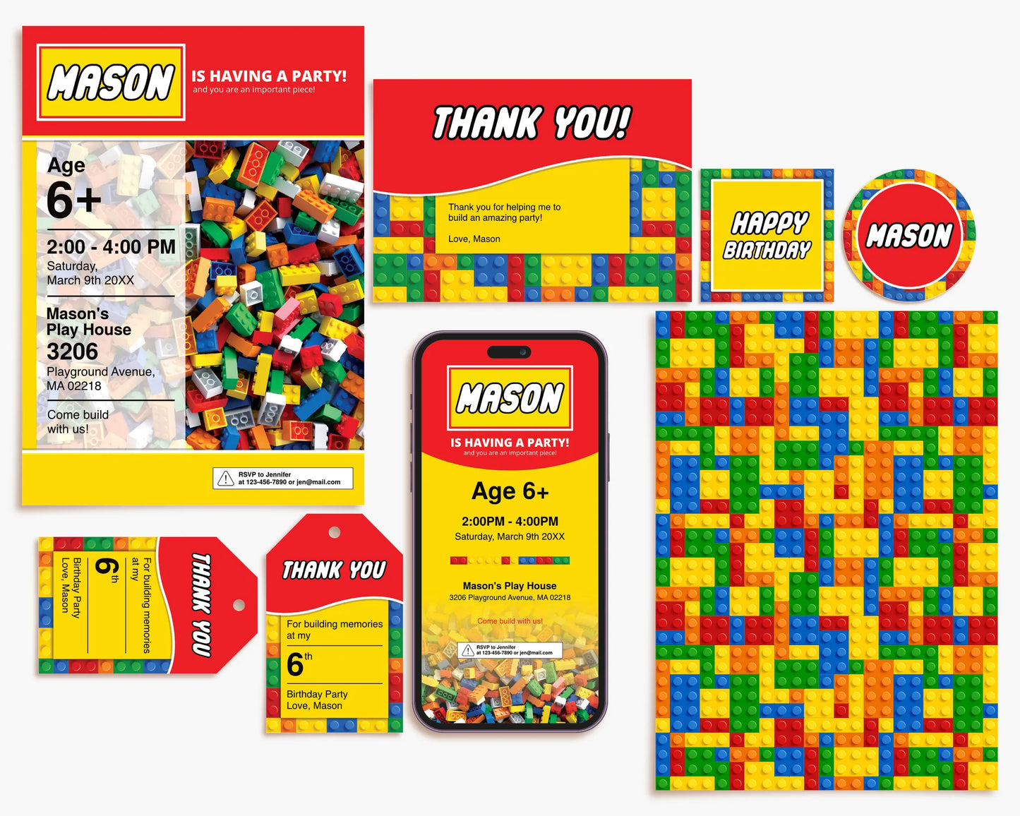Editable Lego party stationery set featuring a mobile birthday invitation, thank you cards, and stickers