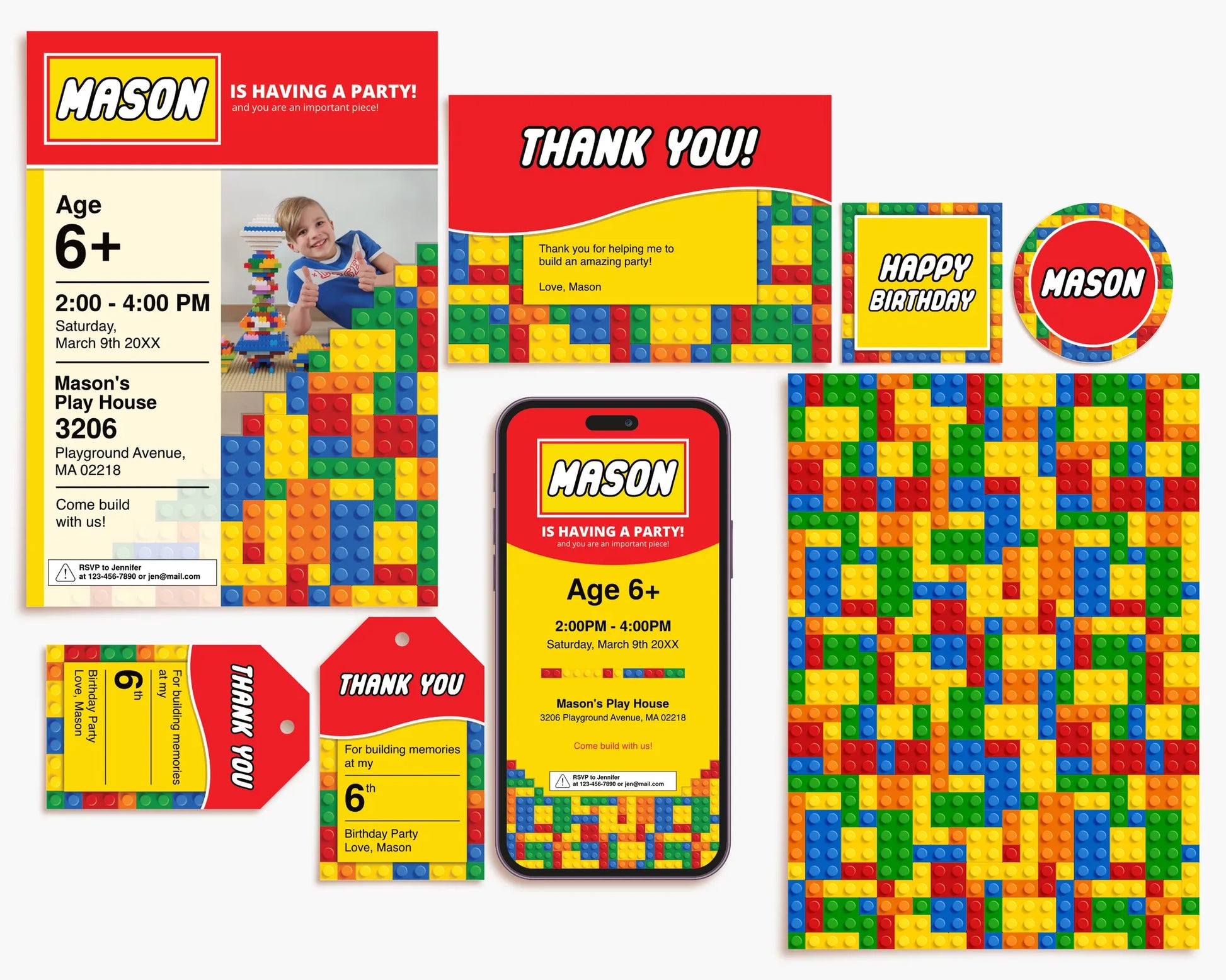 Editable LEGO party stationery set with a mobile invitation, thank you cards, and circular stickers.