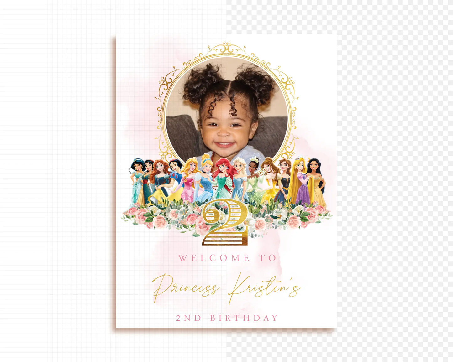 Editable princess welcome sign template with photo, floral watercolor design and gold details, digital Canva template for 2nd birthday celebration.