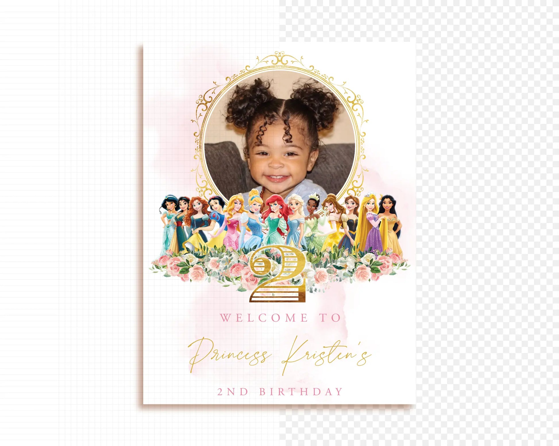 Editable princess welcome sign template with photo, floral watercolor design and gold details, digital Canva template for 2nd birthday celebration.