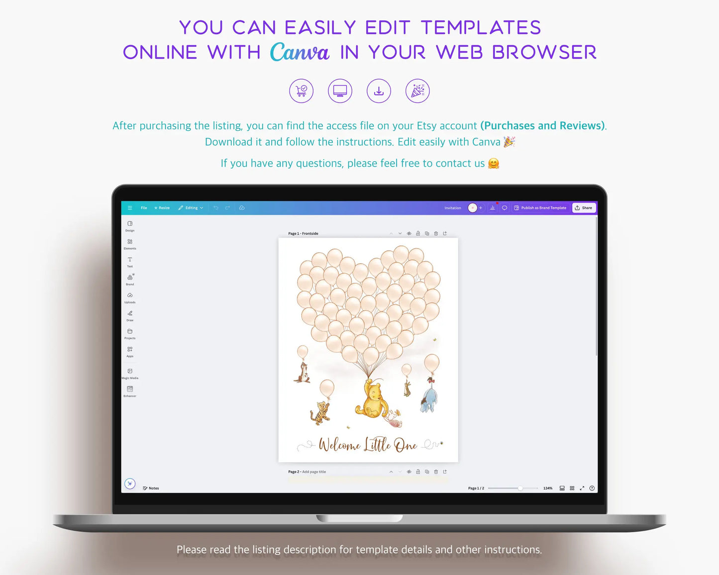 Editable Winnie the Pooh baby shower guest book template previewed on laptop in Canva, digital download featuring heart balloons and Pooh characters.