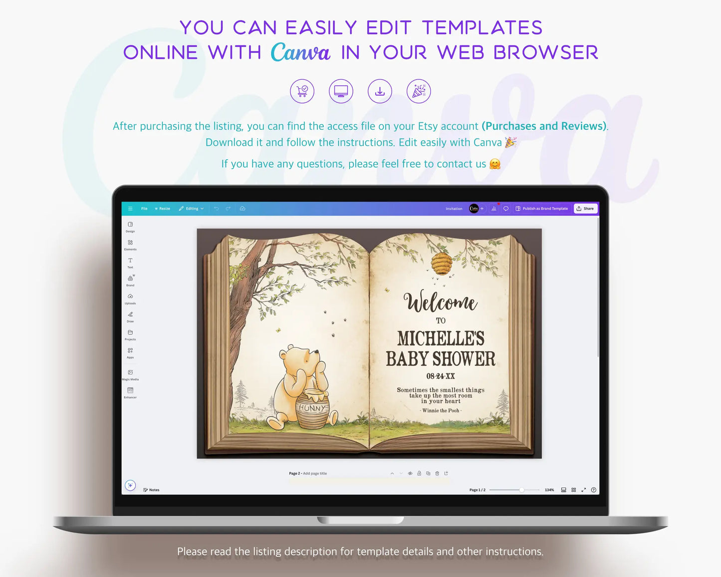 Editable Winnie the Pooh baby shower welcome sign shown on laptop screen with Canva interface, printable digital template for storybook-themed parties.