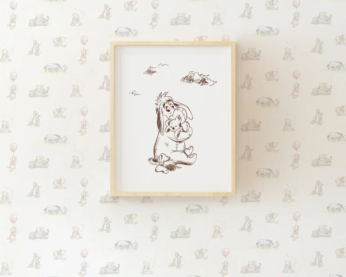 Eeyore nursery wall art print, minimalist line art design, printable baby room decor.