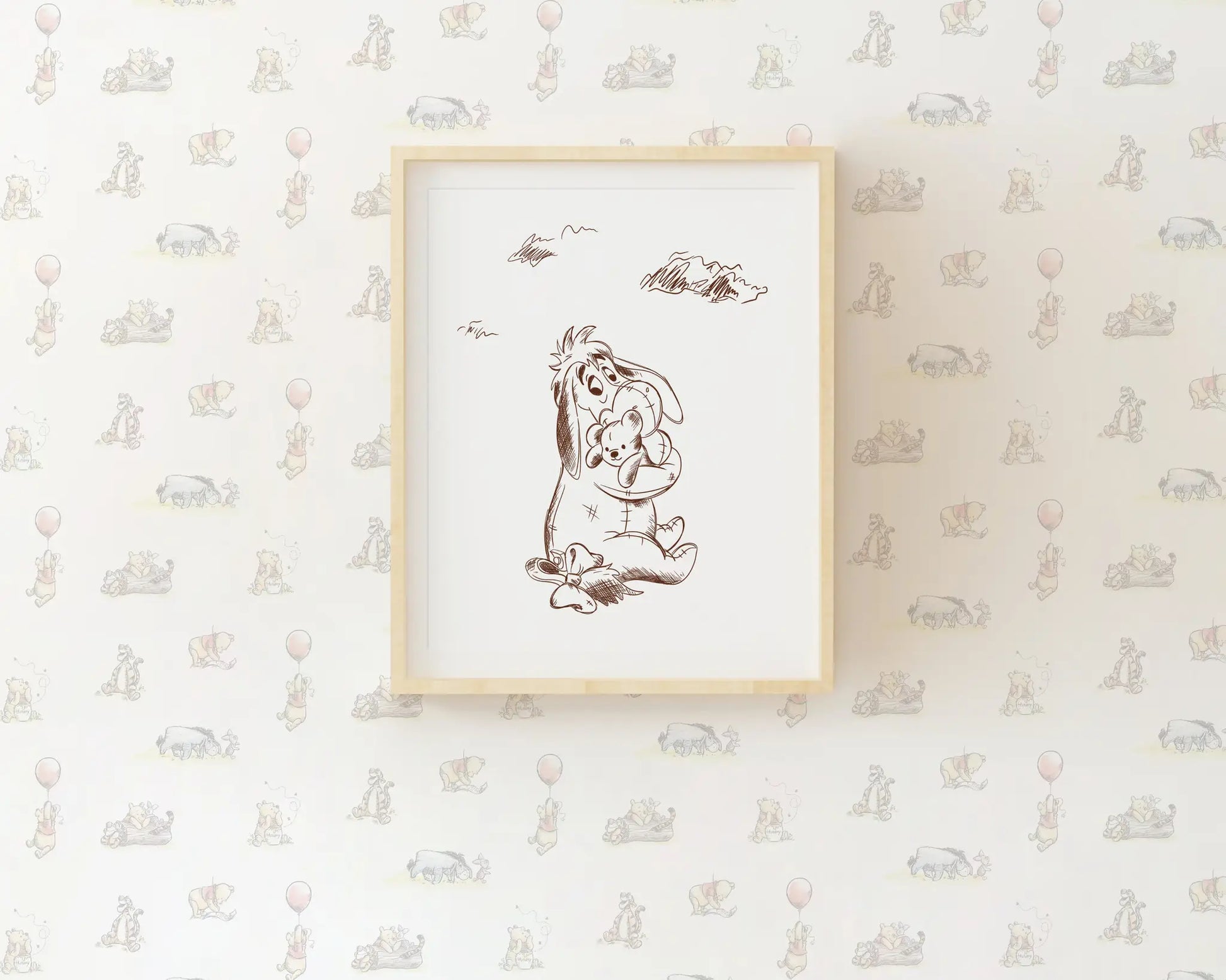 Eeyore nursery wall art print, minimalist line art design, printable baby room decor.
