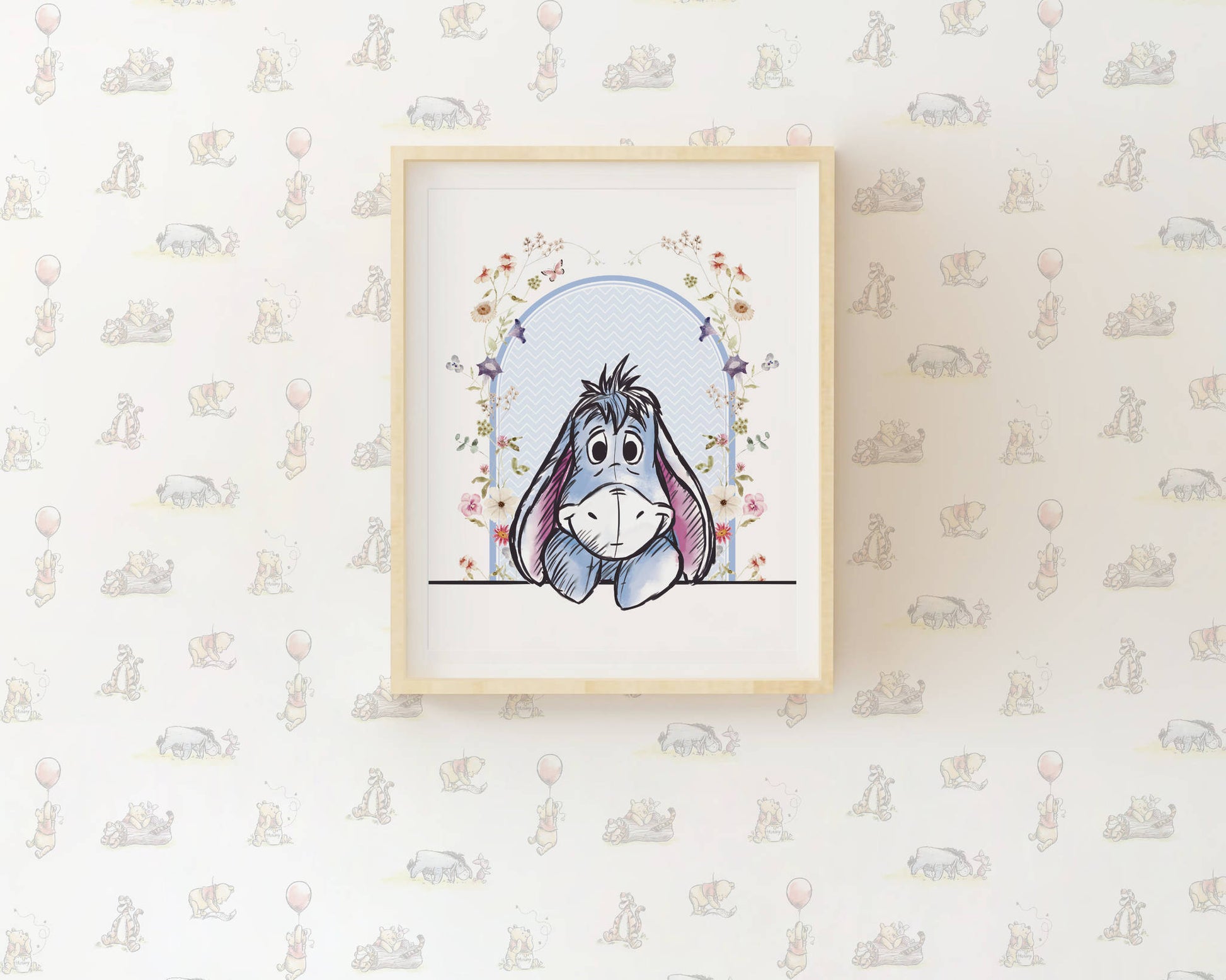 Sweet Eeyore nursery wall art that enhances any baby room with soft colors and classic Winnie the Pooh character style.