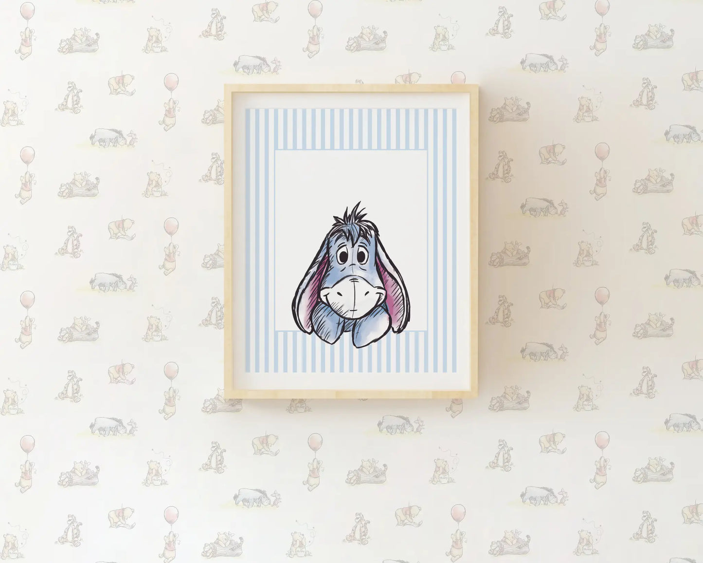 Watercolor Eeyore illustration on blue striped background for nursery wall art