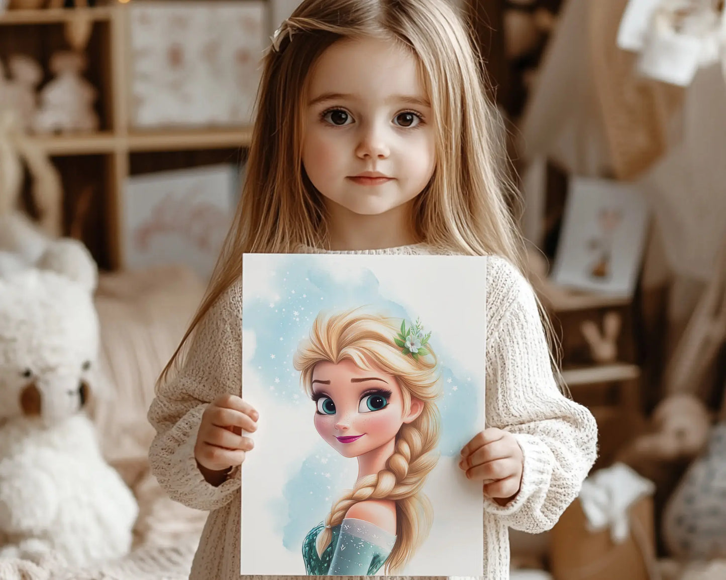 Personalized Frozen wall art with name Gabriella, editable Canva poster set featuring Elsa and Anna.