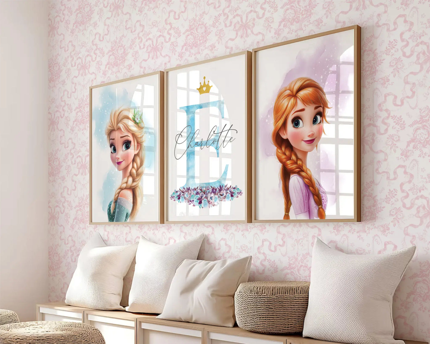 Elsa and Anna posters set on pink wall, customizable Canva wall art for children’s bedroom.