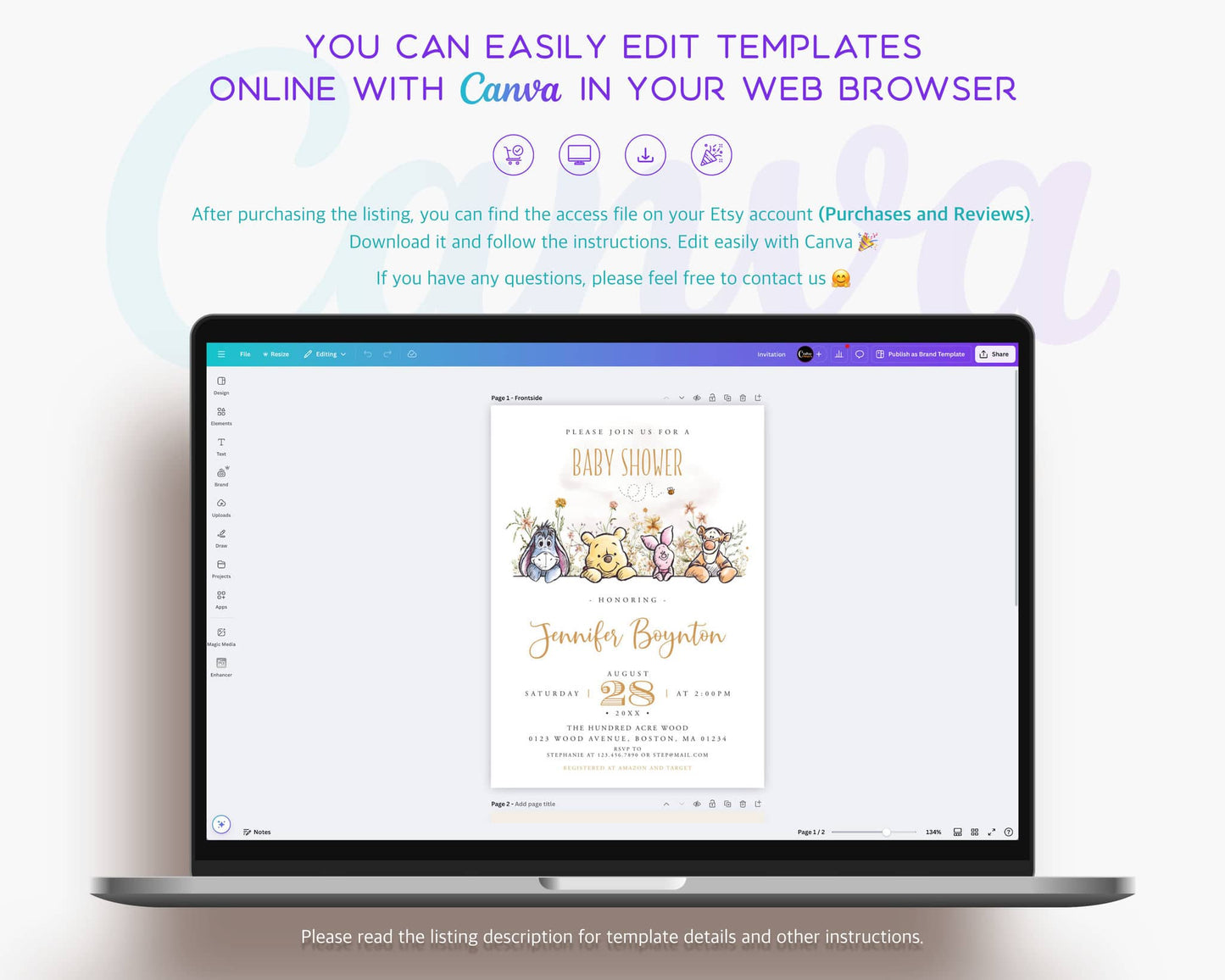 Laptop screen showing Winnie the Pooh baby shower invitation template being edited online in Canva, demonstrating easy customization.