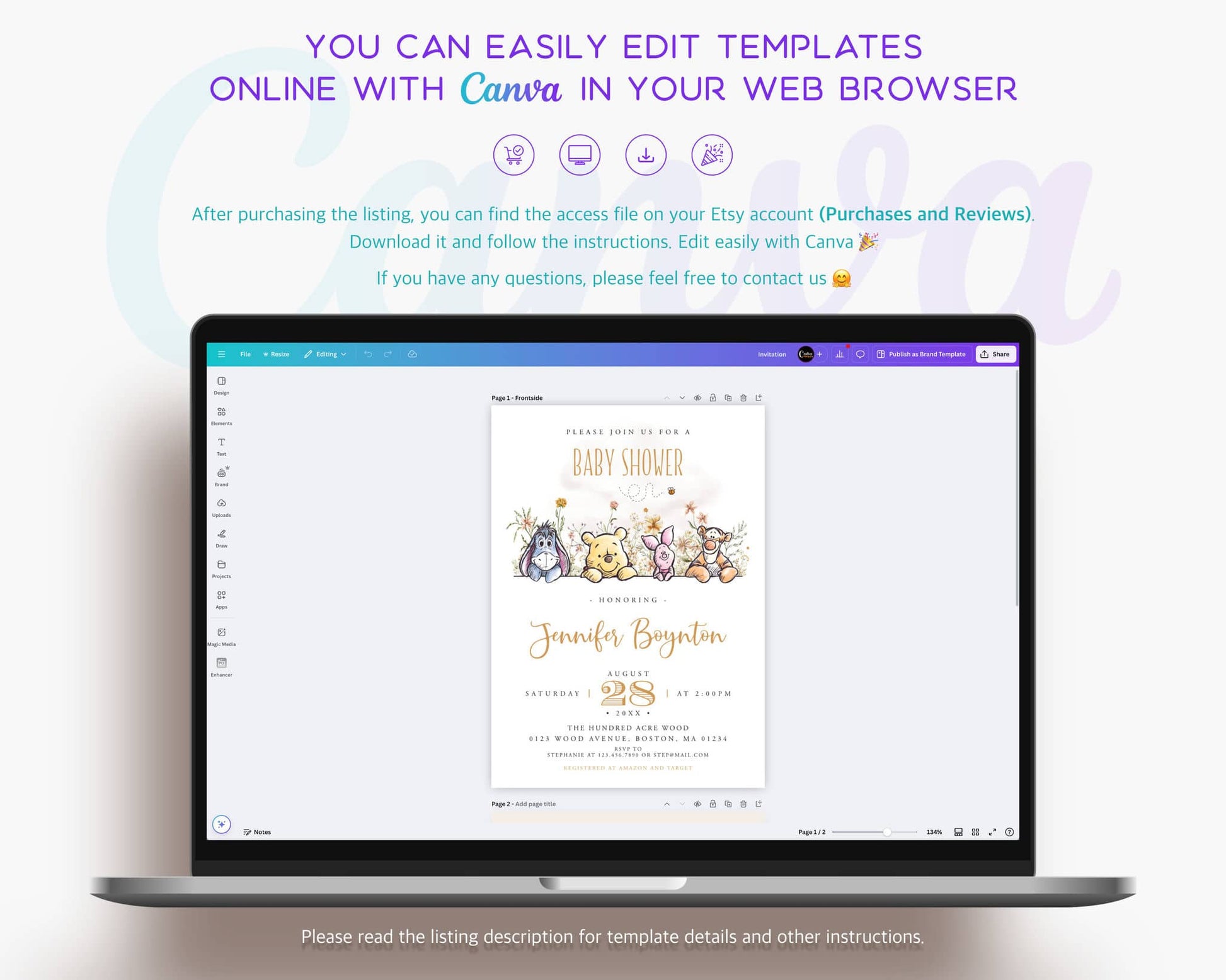 Laptop screen showing Winnie the Pooh baby shower invitation template being edited online in Canva, demonstrating easy customization.
