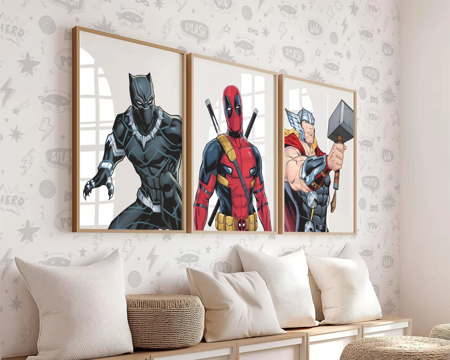 Close up display of Black Panther, Deadpool, and Thor posters as wall decor inspiration for boys