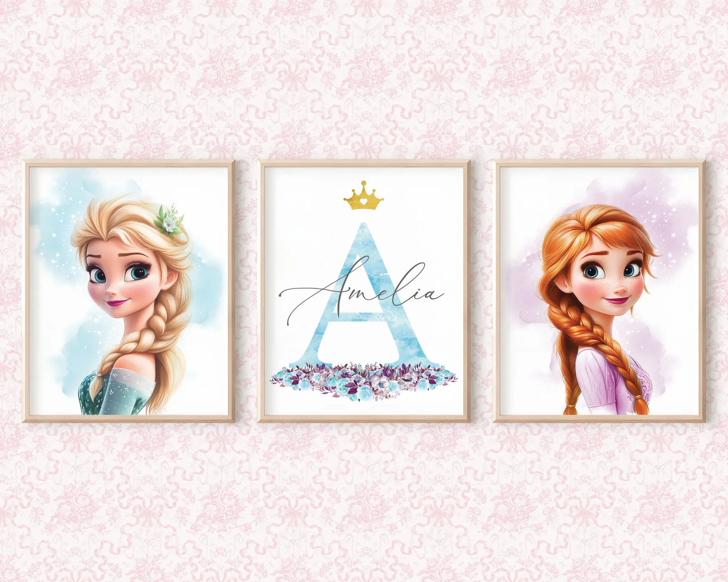 Frozen wall art with name Amelia, Elsa and Anna posters set, editable Canva design for nursery wall.