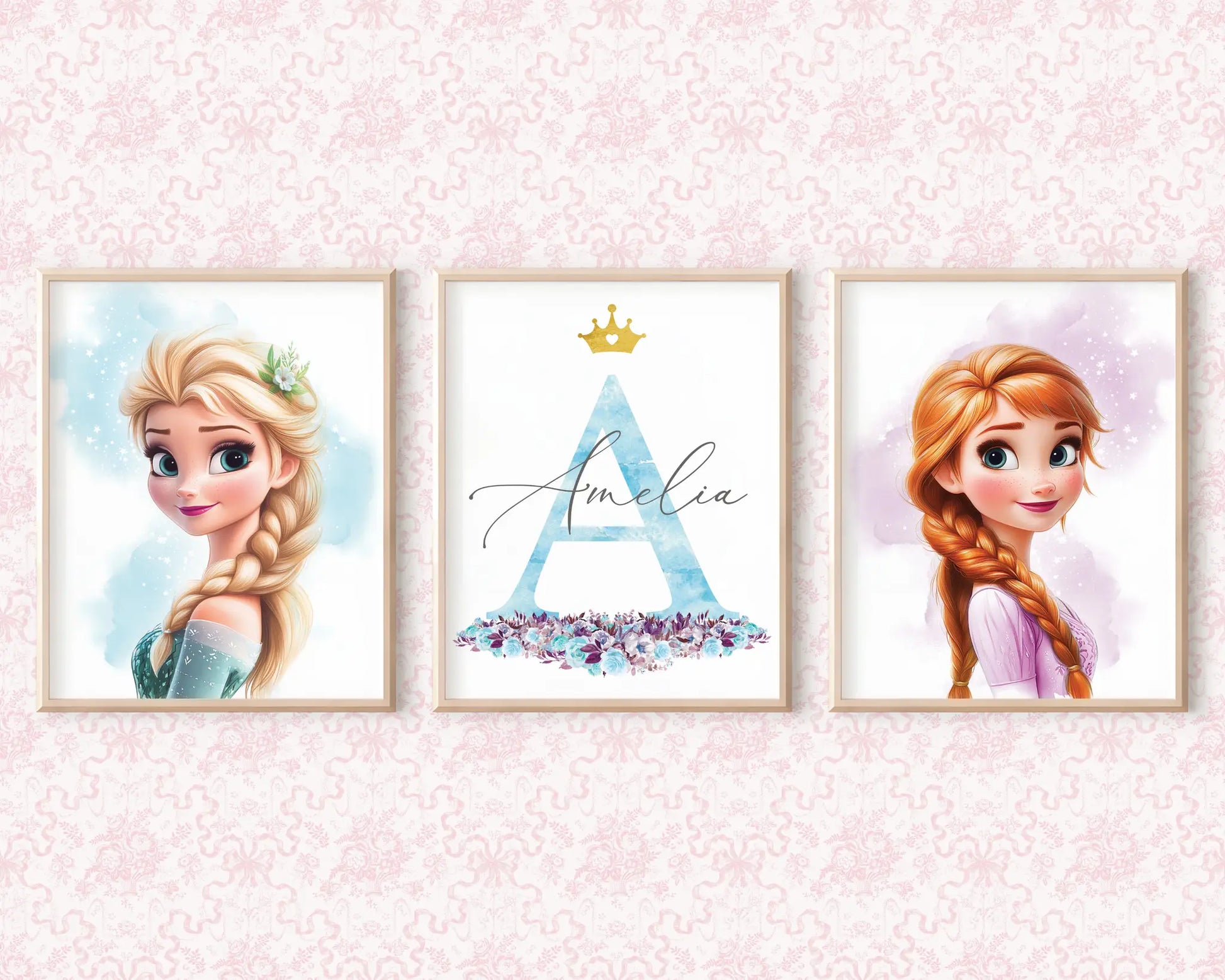 Frozen wall art with name Amelia, Elsa and Anna posters set, editable Canva design for nursery wall.