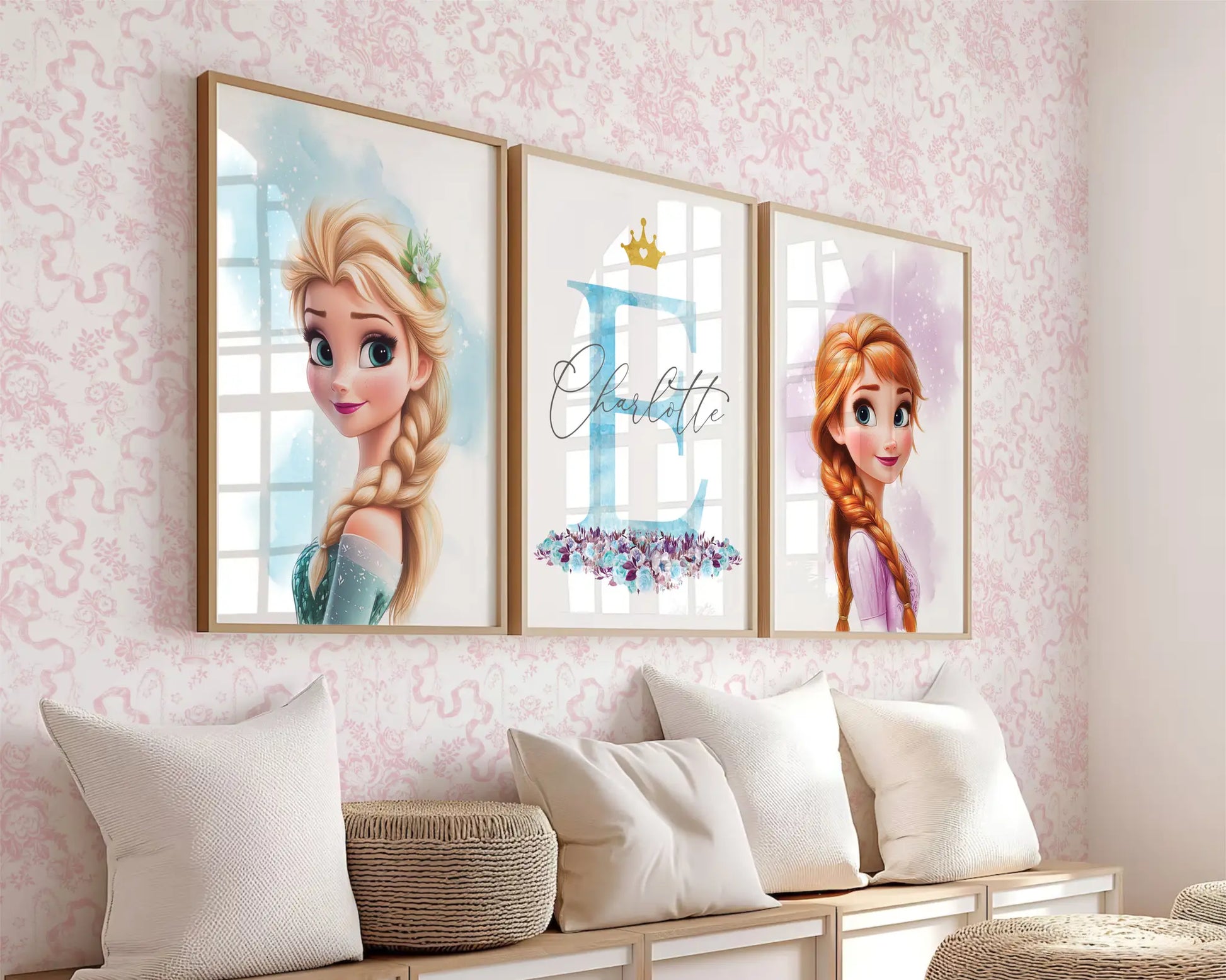 Frozen wall art prints featuring Elsa and Anna, editable Canva template for personalized girls room or nursery decor.