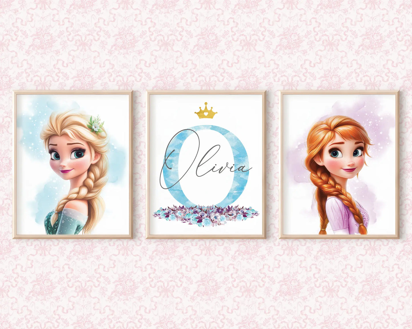 Frozen themed wall prints with name Olivia, editable Canva wall art for kids bedroom decor.