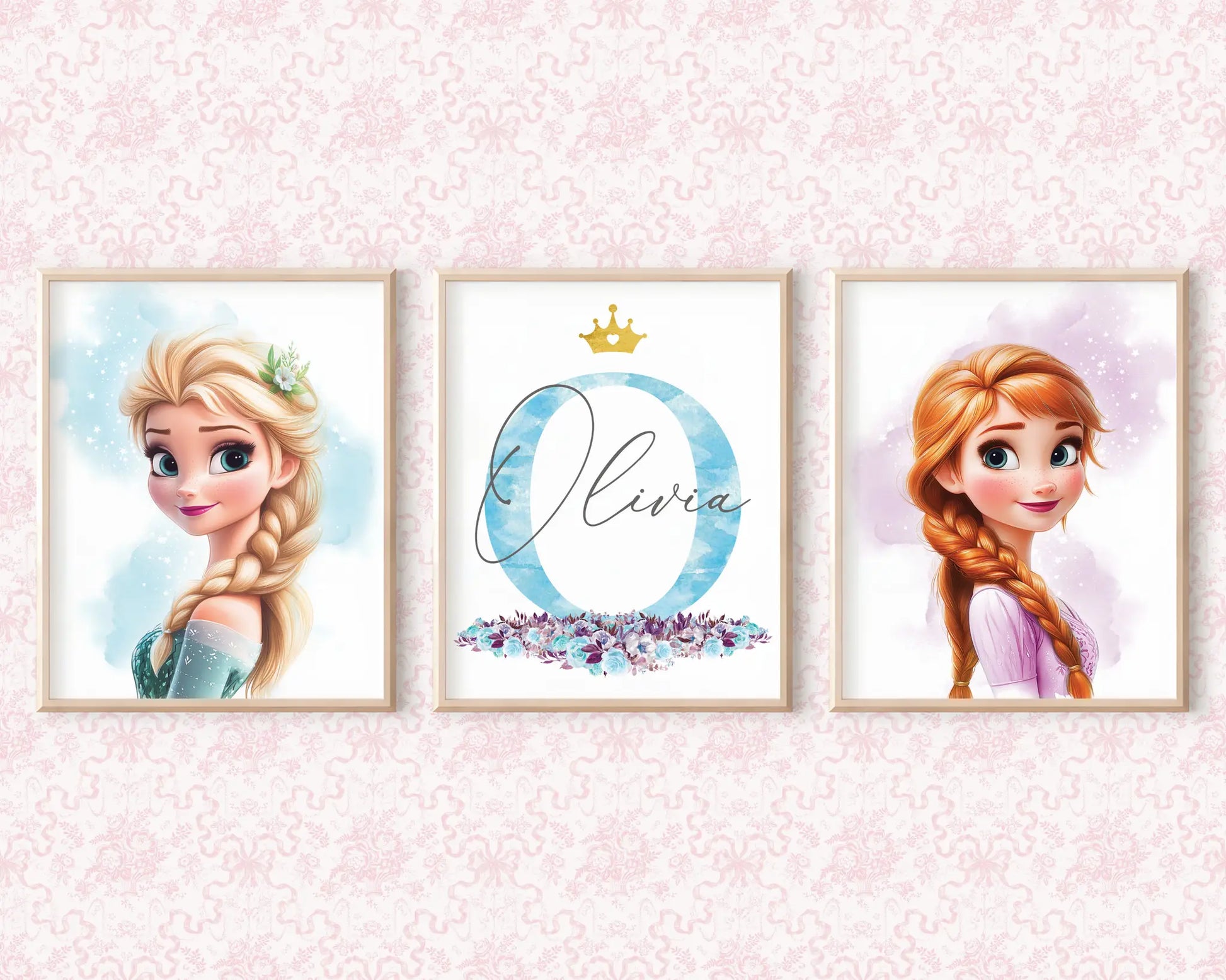 Frozen themed wall prints with name Olivia, editable Canva wall art for kids bedroom decor.