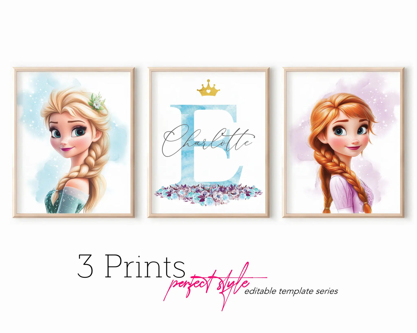 Frozen wall art set of three prints with name and letter, editable Canva template, girls room decoration idea.