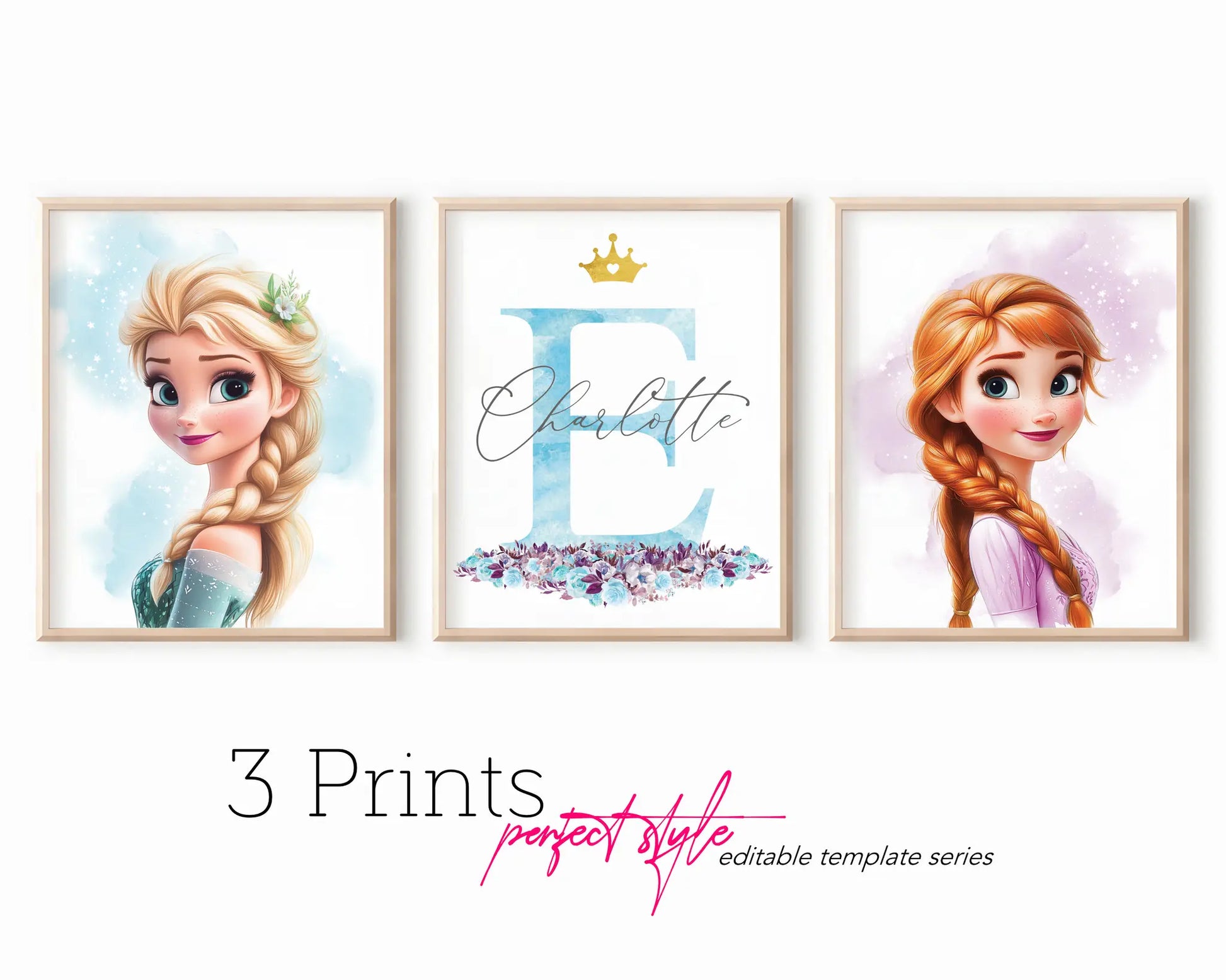 Frozen wall art set of three prints with name and letter, editable Canva template, girls room decoration idea.