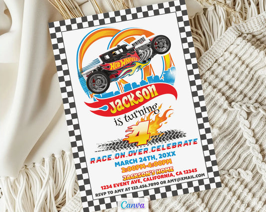 Hot Wheels comic style racing car birthday invitation, editable Canva template with checkered party theme for boys.